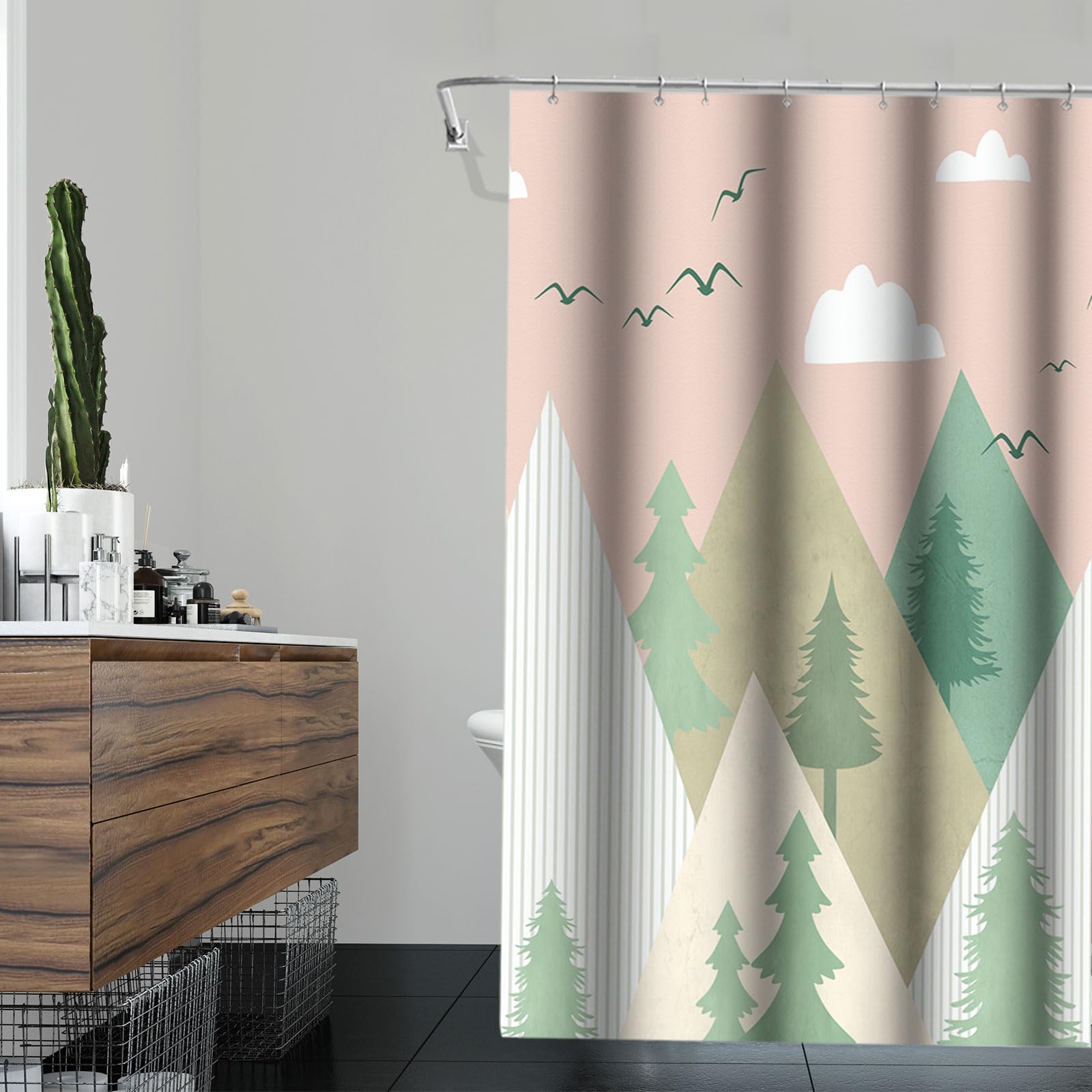 Yeele Mountain Forest Shower Curtain - Waterproof Pine Tree Design with White Clouds & Wild Geese - Pink Bathroom Decor with 12 Hooks (48x72 inches) - Perfect for Rustic, Nature-Inspired Bathroom Themes