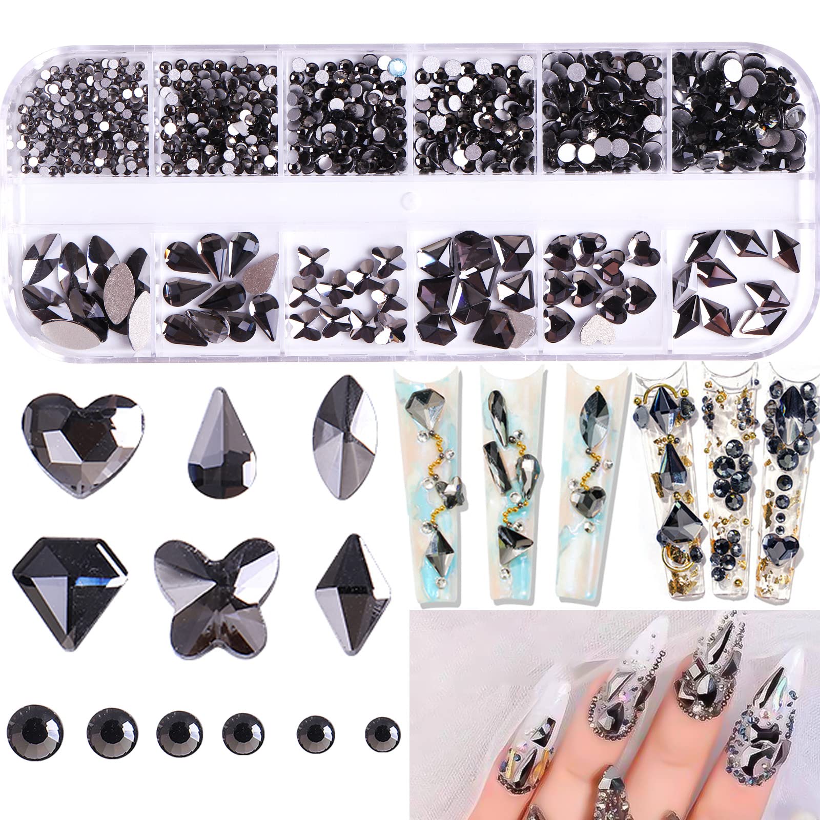 RODAKY 810Pcs 3D Rhinestones for Nails - Flatback Crystal Gems in 6 Shapes for Nail Art, DIY Crafts, Makeup & Jewelry (Black) | Perfect for Salon Nail Designs, Home Manicures & Creative DIY Projects