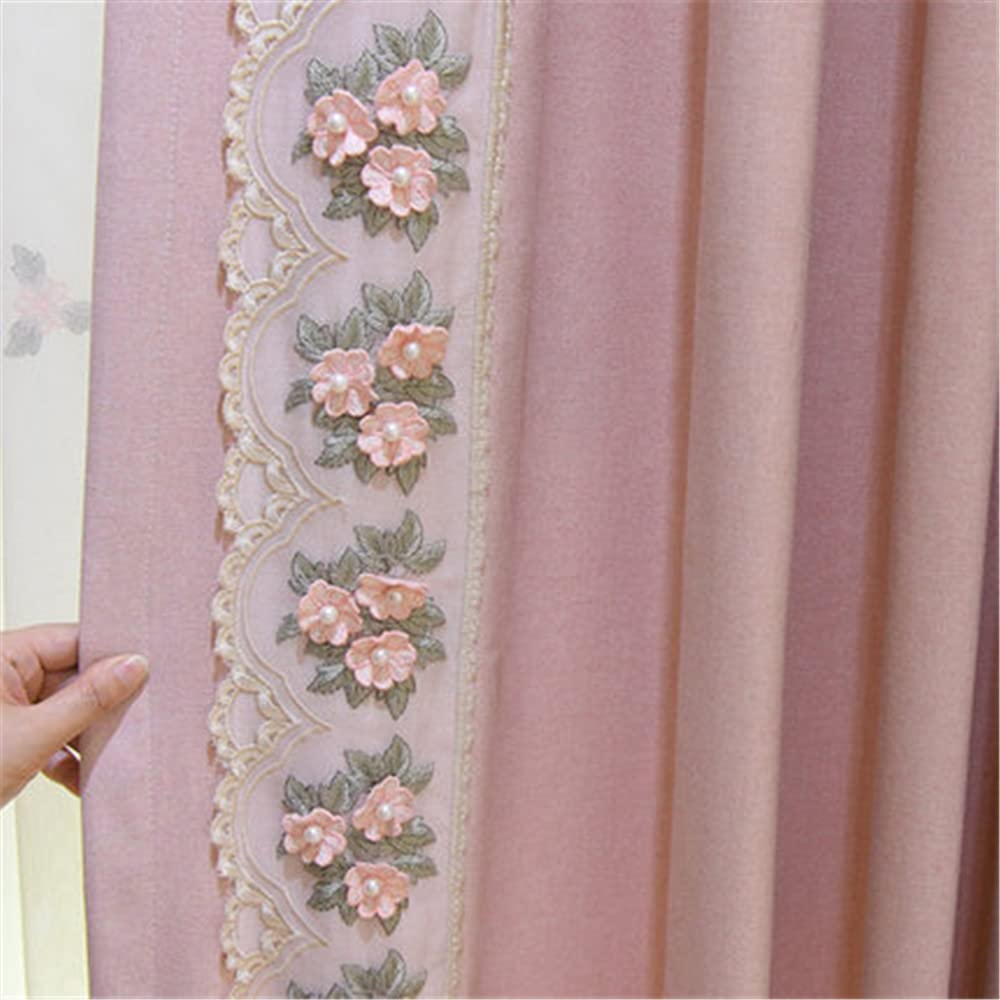Luxury French Princess Style Pink Blackout Curtains - 2 Panels with Beaded Lace & Grommet Top, Room Darkening Window Drapes for Girls Bedroom, Nursery, or Romantic Home Decor