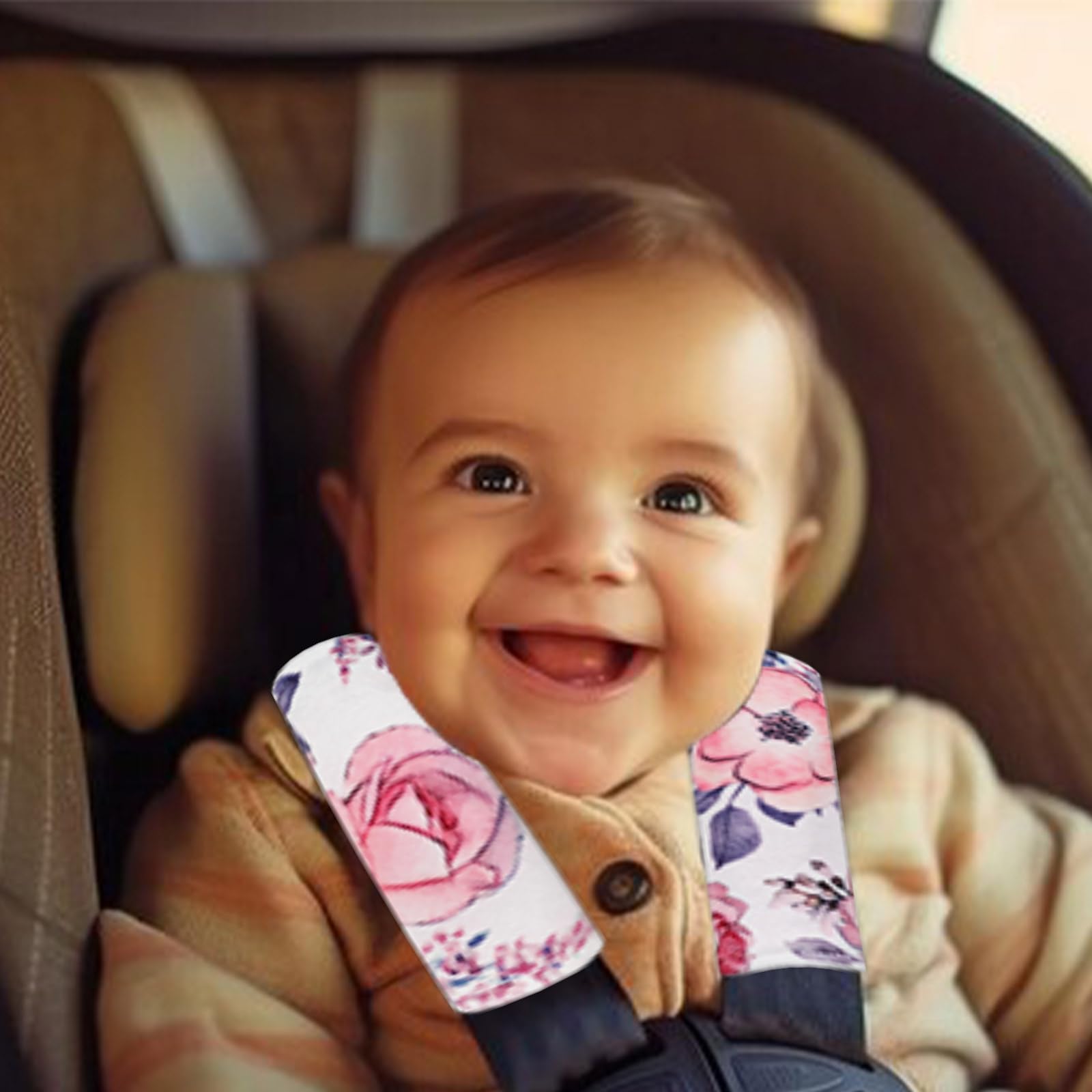 Soft Mink Car Seat Strap Covers for Babies - Pink Floral Shoulder Pads for Girls, Comfortable and Safe for Long Car Rides and Daily Commutes