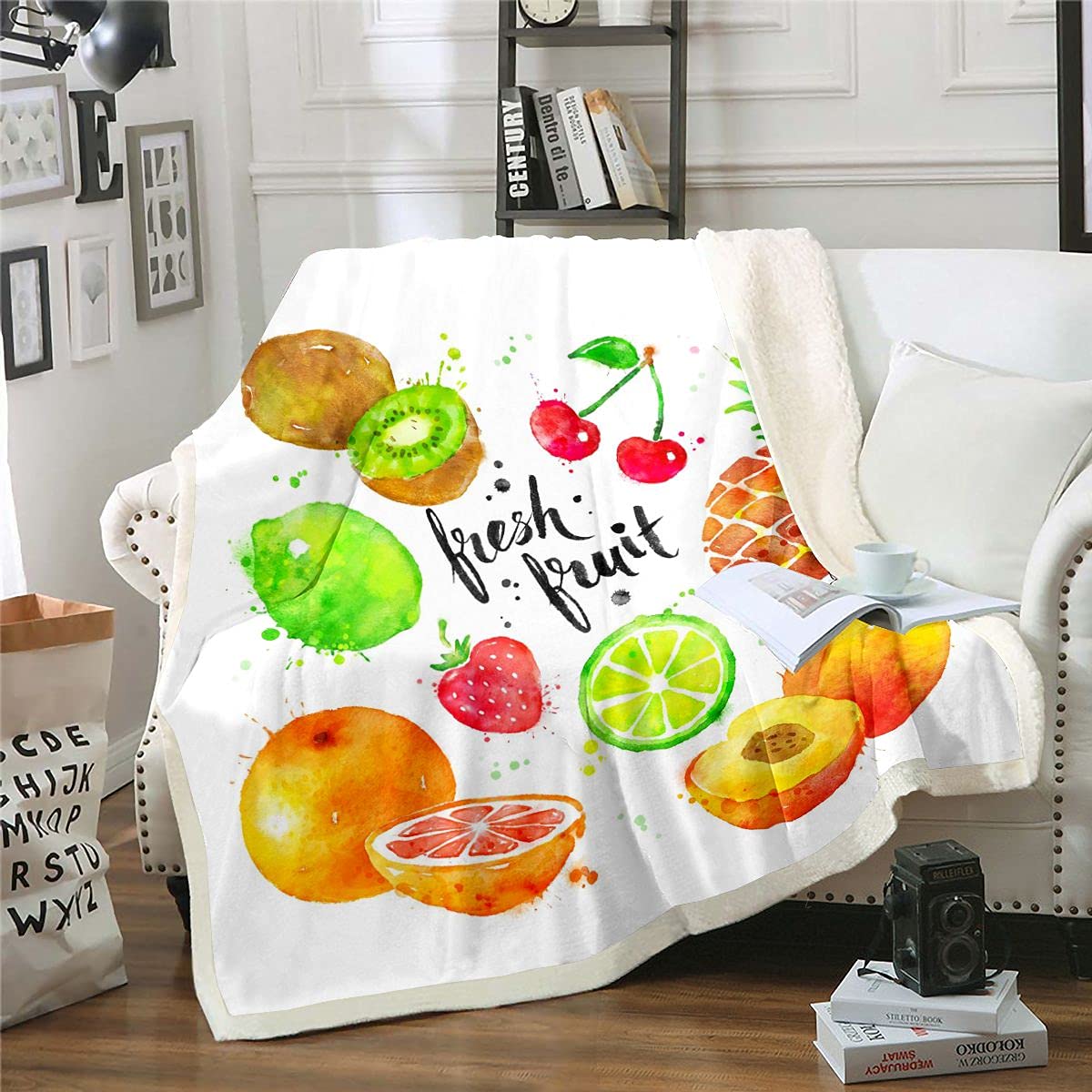 Tropical Fruit Print Sherpa Blanket - Soft Plush Fleece Throw with Fresh Fruit Design for Bed, Sofa & Couch - Ultra Cozy 30x40 Inch White Fuzzy Blanket for Adults & Baby - Perfect for Home Decor, Winter Warmth & Nursery Room