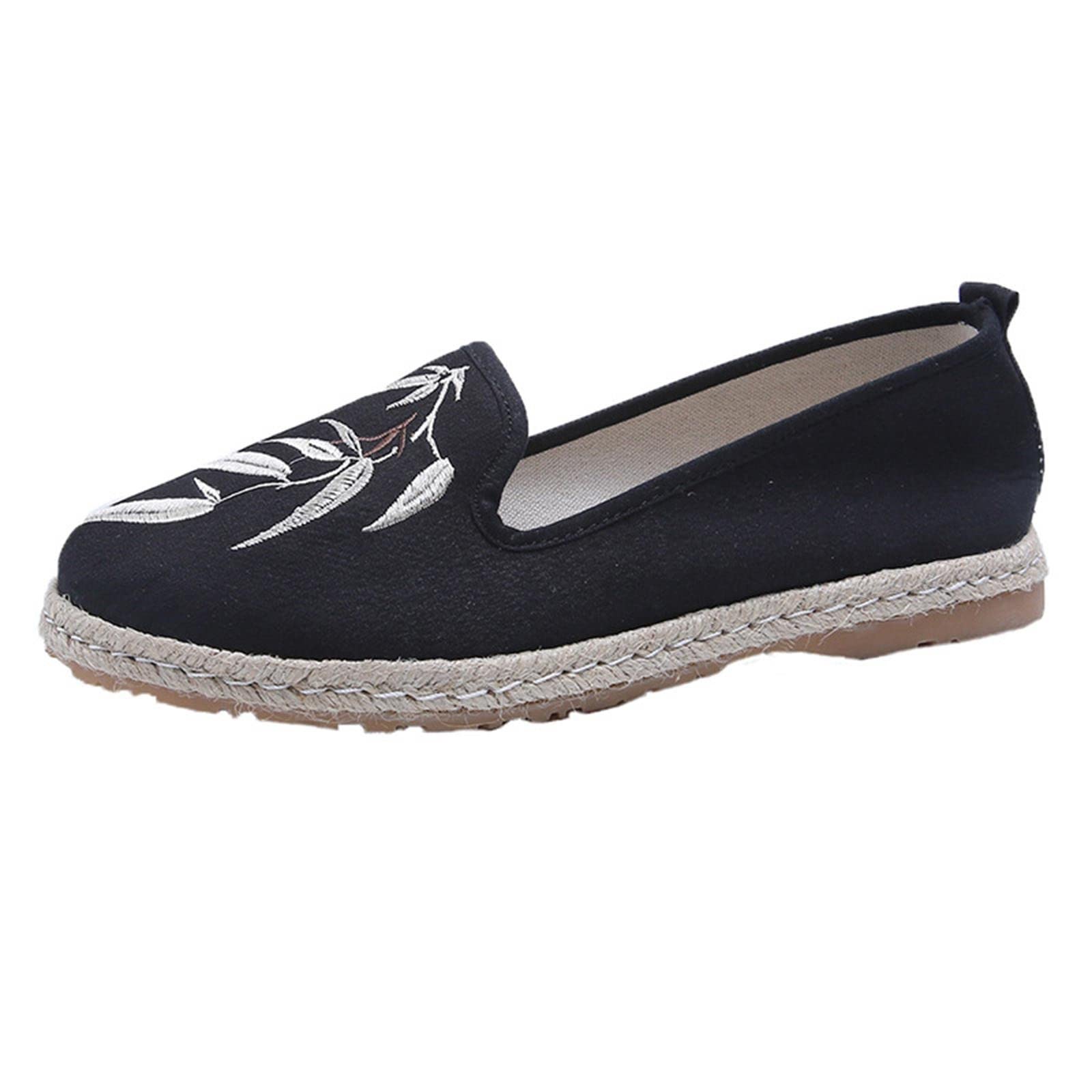 Breathable Casual Canvas Sneakers for Women - Striped Sole Slip-On Flats with Beaded Bow Design | Comfortable Leather Shoes for Walking, Travel & Daily Wear (Black, Size 6.5-7)