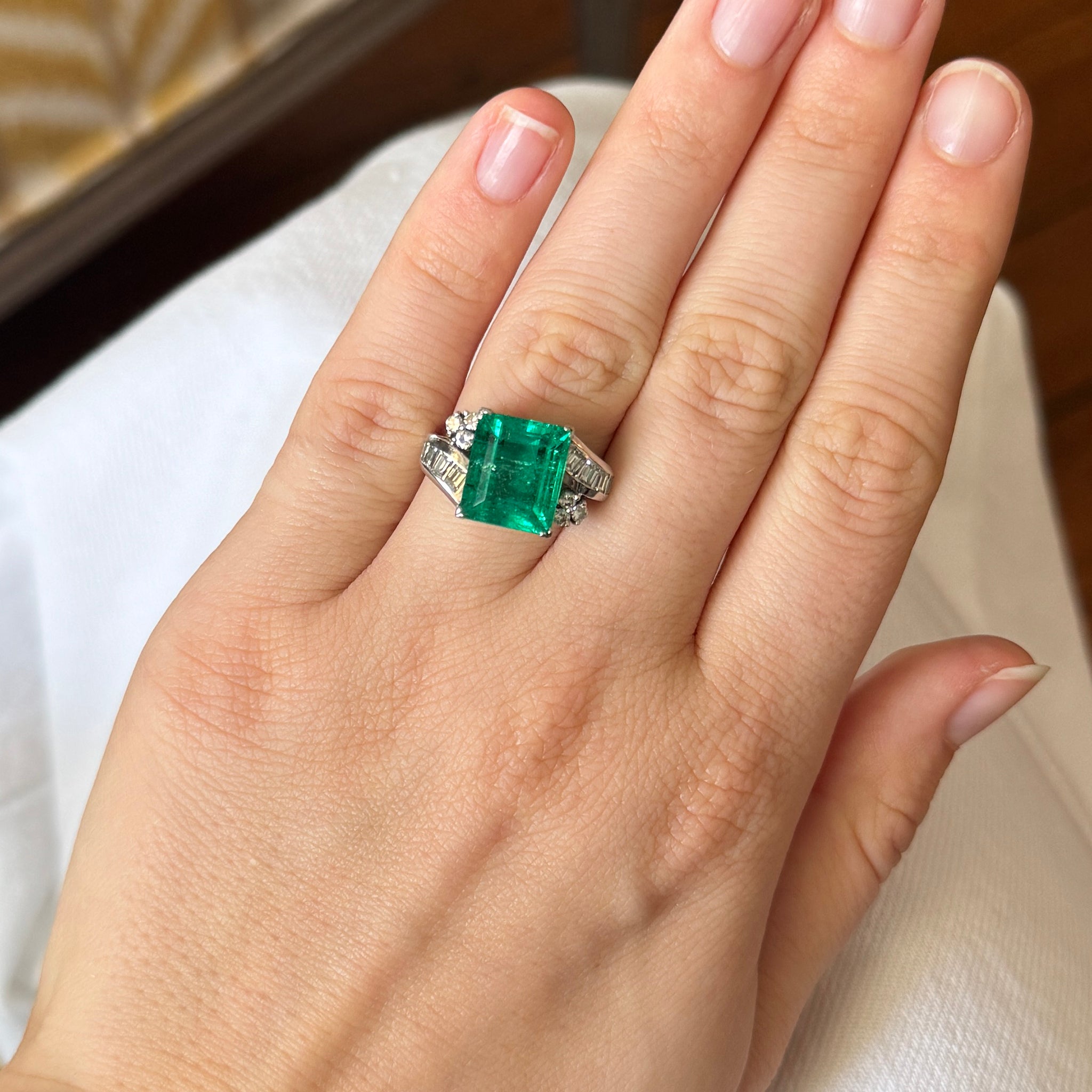 6.4ct Art Deco Emerald Cut Emerald & Diamond Platinum Ring - Vintage Engagement, Wedding, Anniversary Jewelry Gift for Her