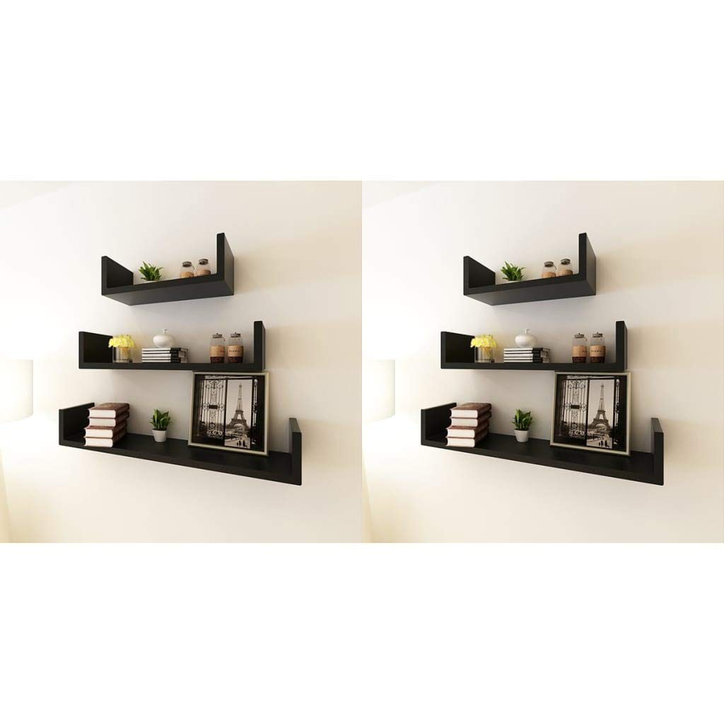 6-Piece Black Wall Shelves Set - Floating Shelves for Living Room, Bedroom, Bathroom & Office Storage & Decor