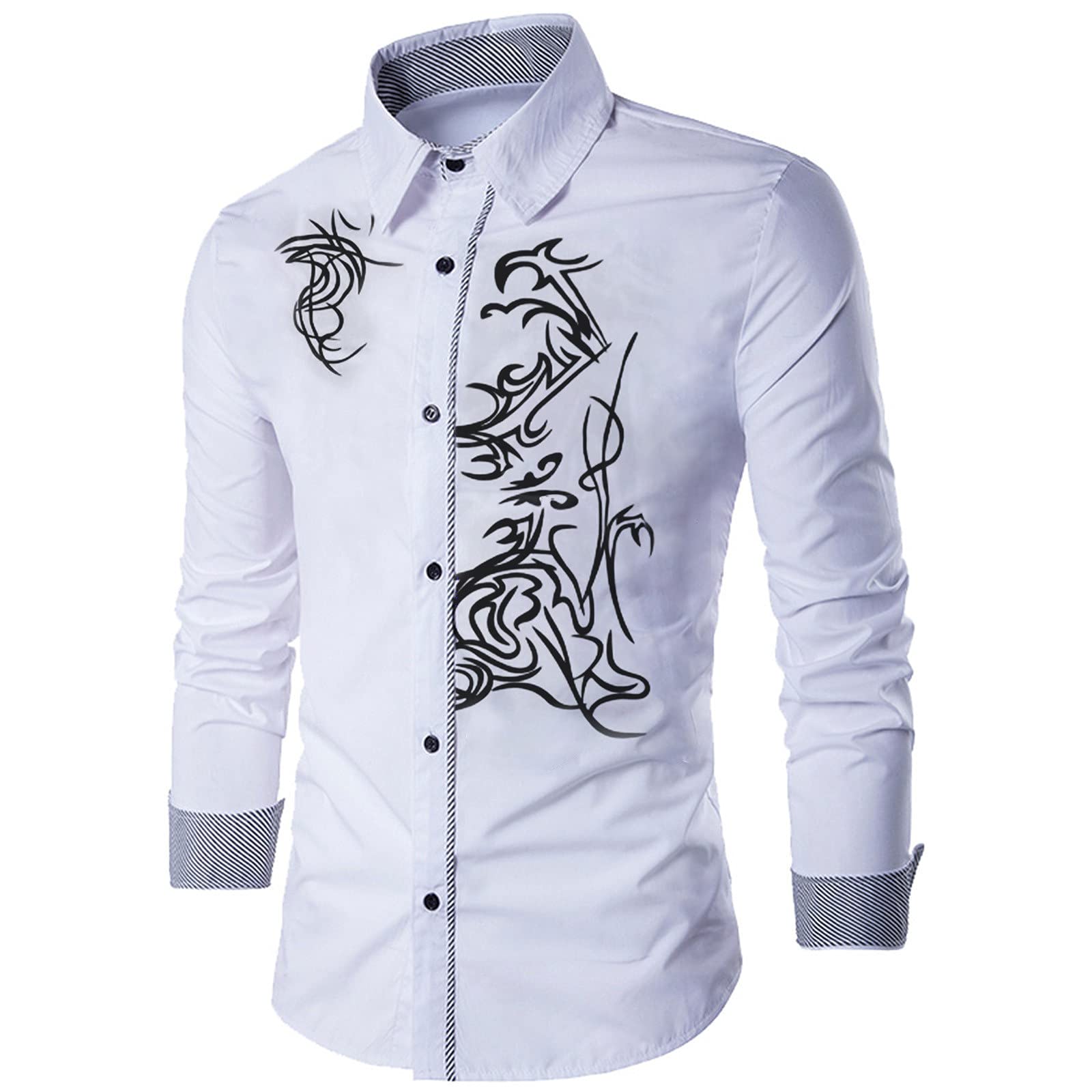 Men's Casual Print Long Sleeve Slim Fit T-Shirt - Breathable Turn-Down Collar Shirt for Work, Date Night & Everyday Wear