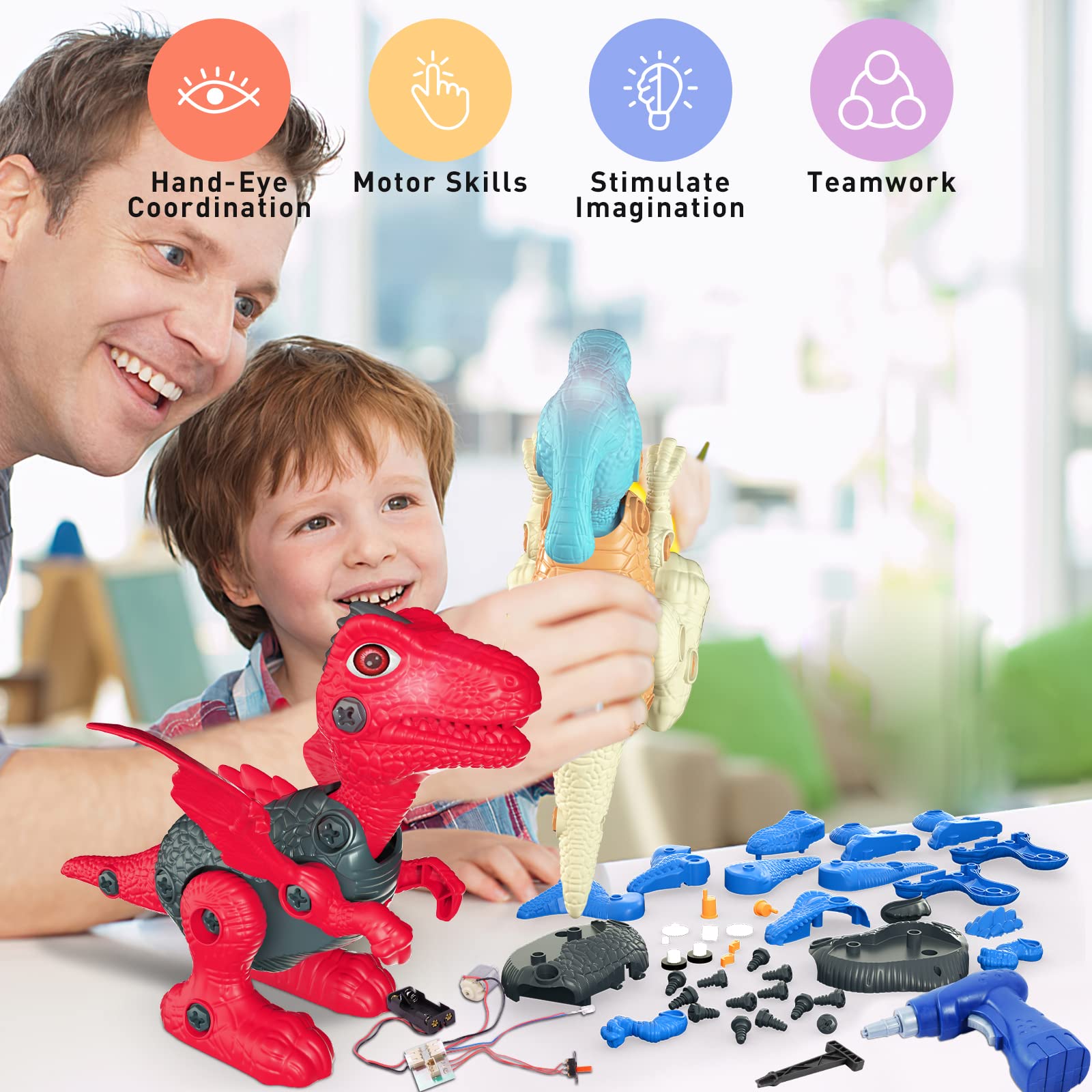 STEM Electric Drill Dinosaur Building Toys for Kids Ages 6-9 - Take Apart Construction Set with LED Lights & Walking Action - Educational Birthday Party Gifts for Boys (Perfect for STEM Learning, Creative Play & Dinosaur-Themed Parties)