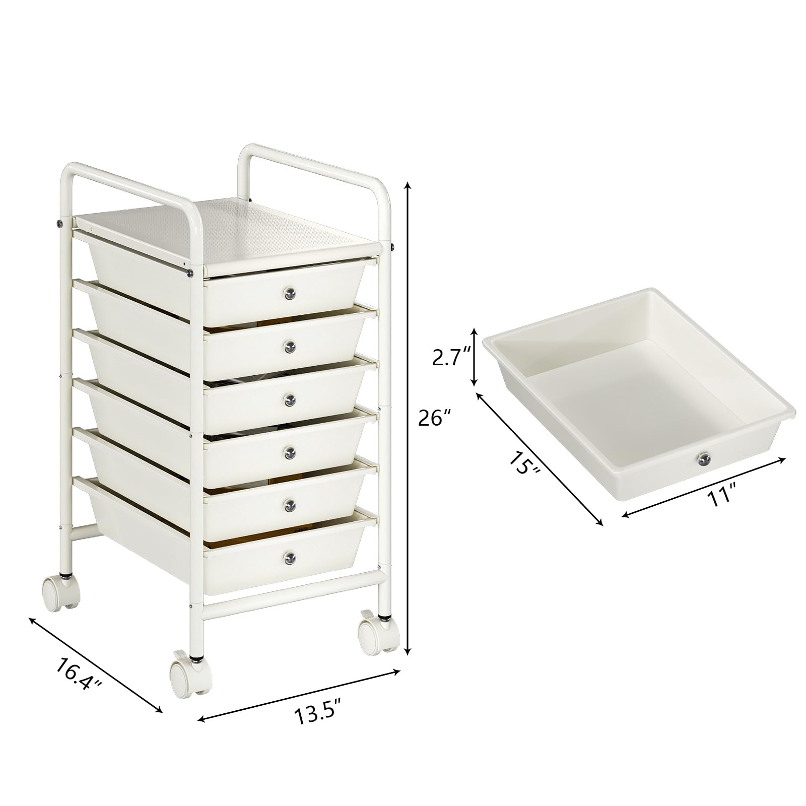 6-Tier Utility Cart with 6 Drawers & 2 Lockable Wheels - Mobile Rolling Storage Cart for Office, Kitchen, Bathroom, Dorm, Salon - Space-Saving Organization for Home & Work (Ivory White)