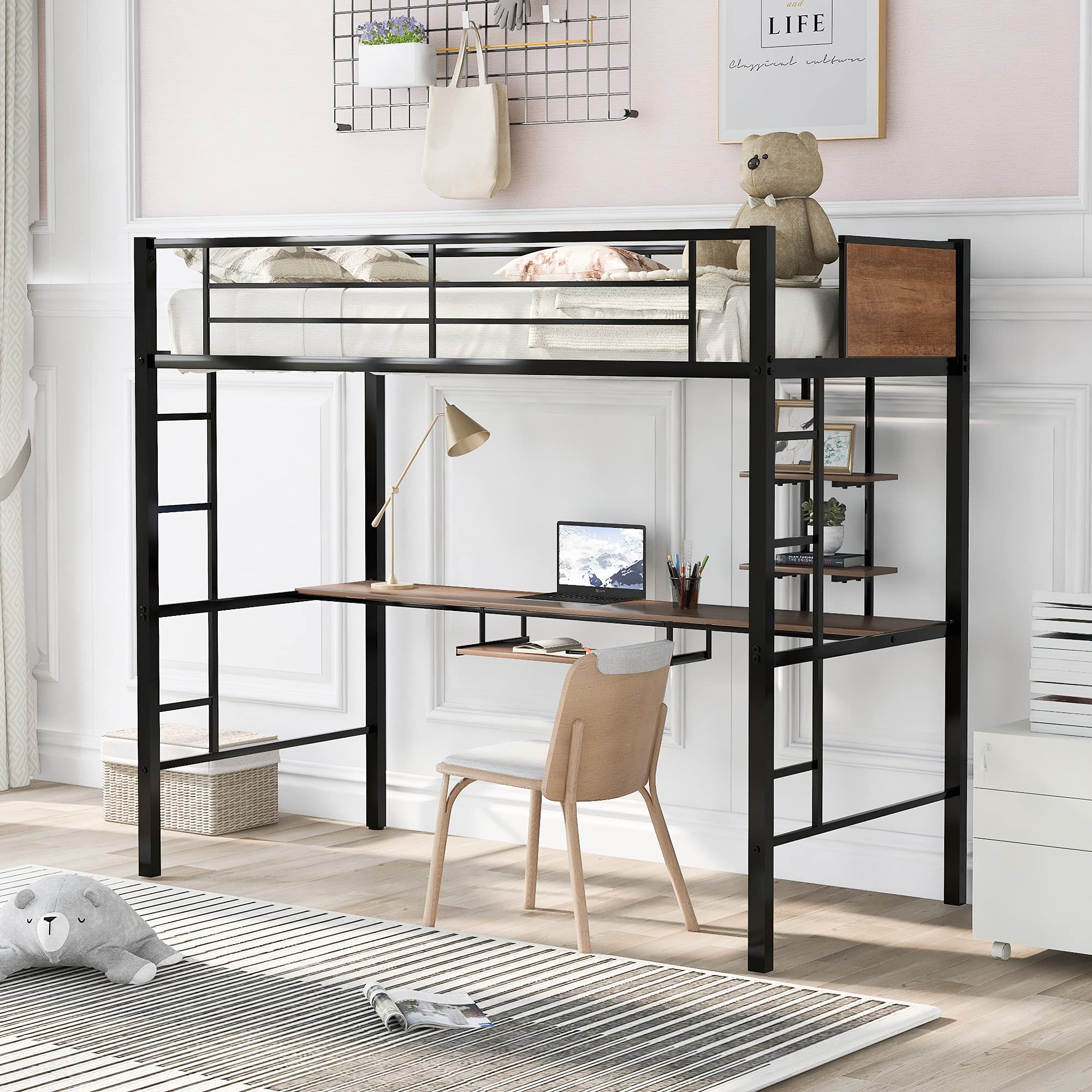 RUNNA Twin Size Metal Loft Bed with Long Study Desk - Space Saving Kids & Teens Bed with 2 Ladders, Keyboard Tray, 2 Storage Shelves & Full-Length Guardrail | Perfect for Small Bedrooms, Dorm Rooms & Studio Apartments