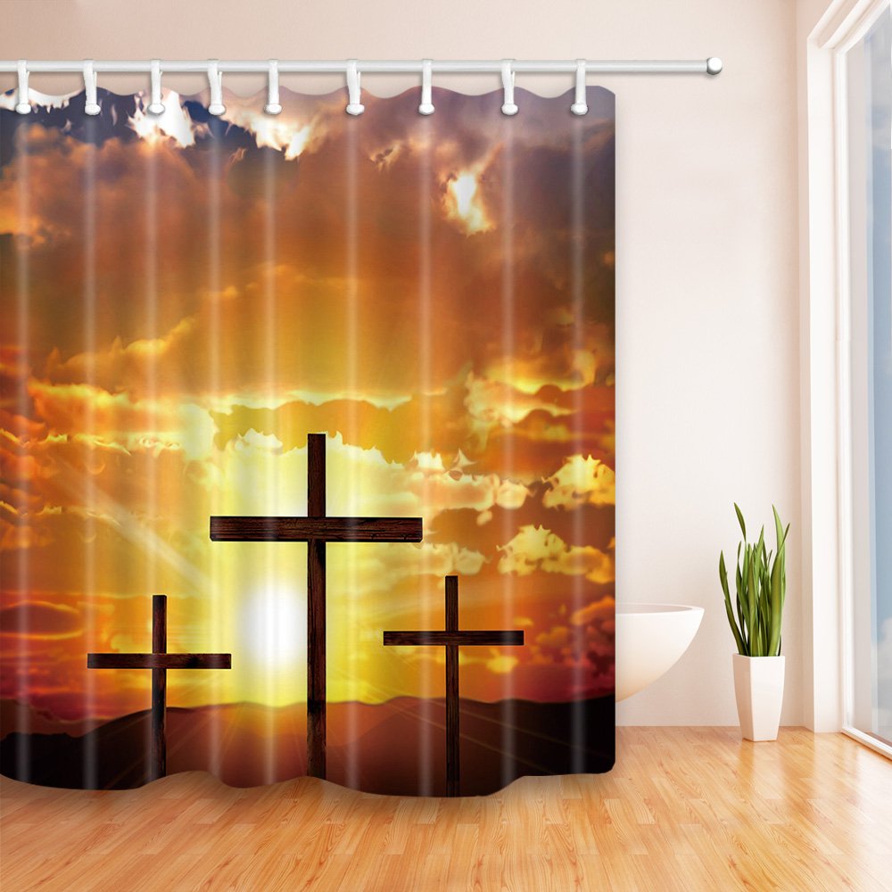 Japanese Scenery Shower Curtain - Cross & Sun Design, Polyester Fabric for Bathroom Decor, 70x82 Inch with Hooks