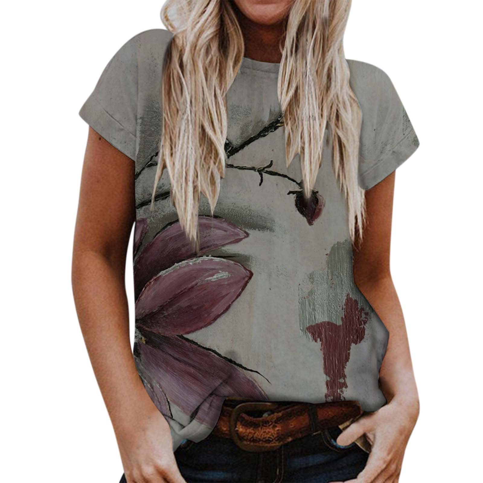 Women's Summer Casual Printed Short Sleeve T-Shirt - Loose Fit Round Neck Top - Breathable Cotton Blend for Outdoor Activities, Travel & Everyday Wear