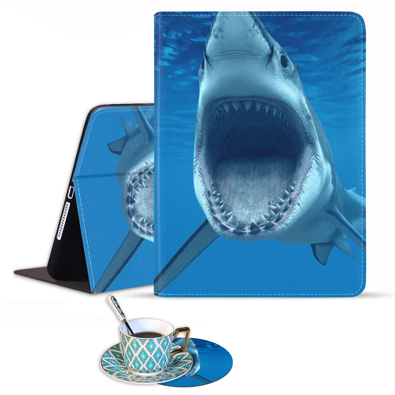 Premium PU Leather Business Folio Case with Auto Wake/Sleep for iPad 9.7 (2017/2018) & iPad Air/Air 2 (6th/5th Gen) - Slim Folding Stand Cover with Coaster Set - Perfect for Office, Travel & Home Use - Great White Shark Design