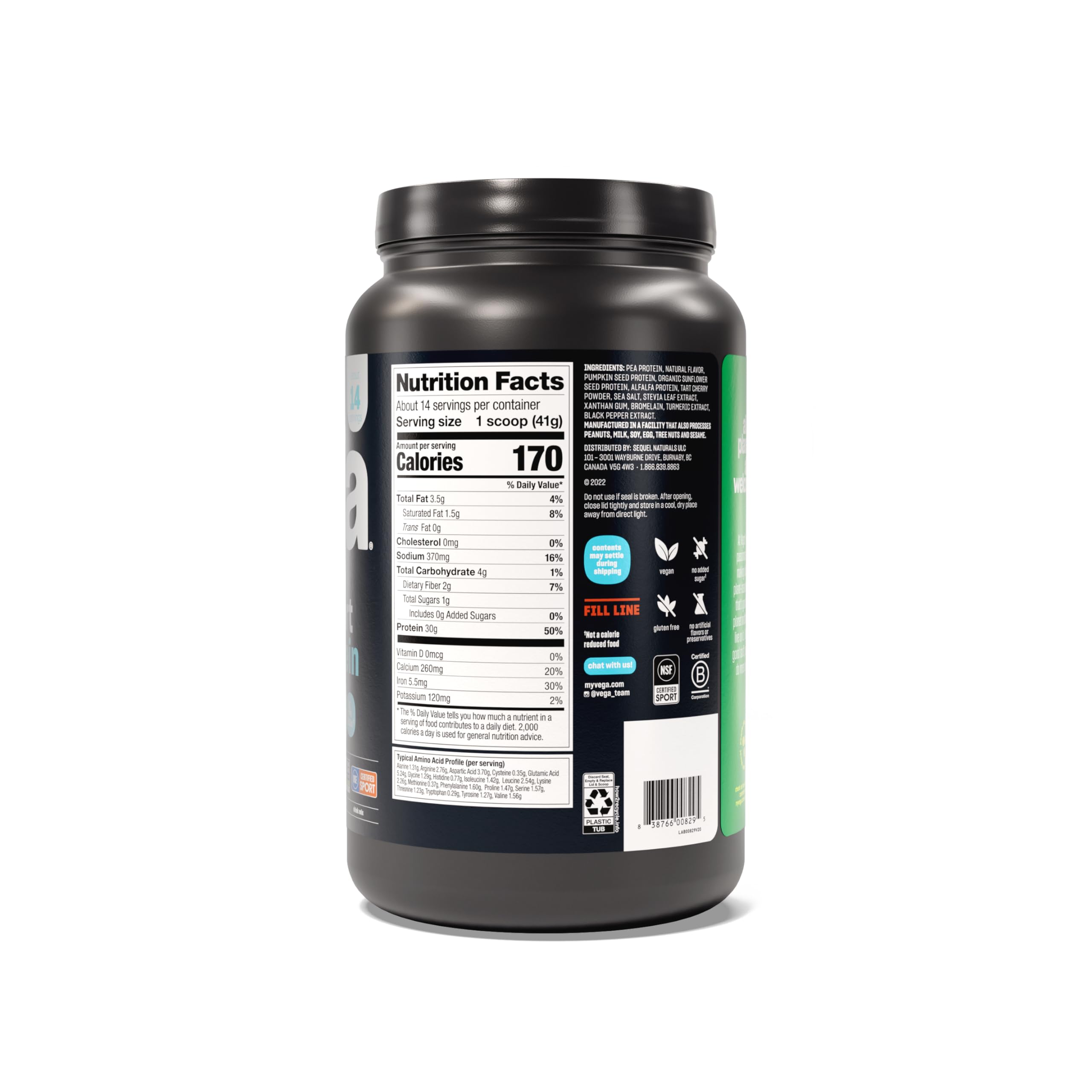 Vega Sport Premium Plant-Based Vanilla Protein Powder (20.4 oz, 14 Servings) - Vegan Protein with BCAAs & Amino Acids, Dairy-Free, Gluten-Free, Non-GMO - Ideal for Post-Workout Recovery & Muscle Building