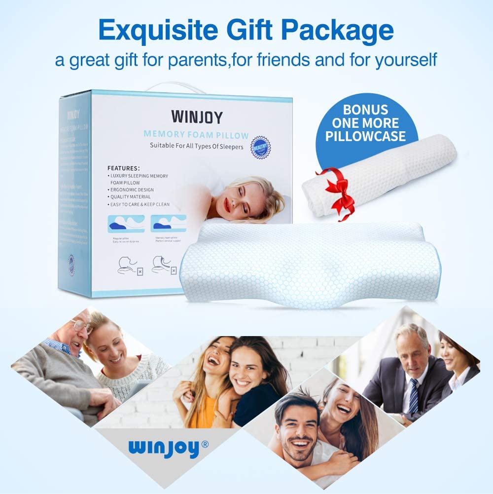 Winjoy Contour Memory Foam Pillow for Neck Pain Relief - Orthopedic Cervical Support Pillow for Side, Back & Stomach Sleepers - Perfect for Home, Office & Travel Use