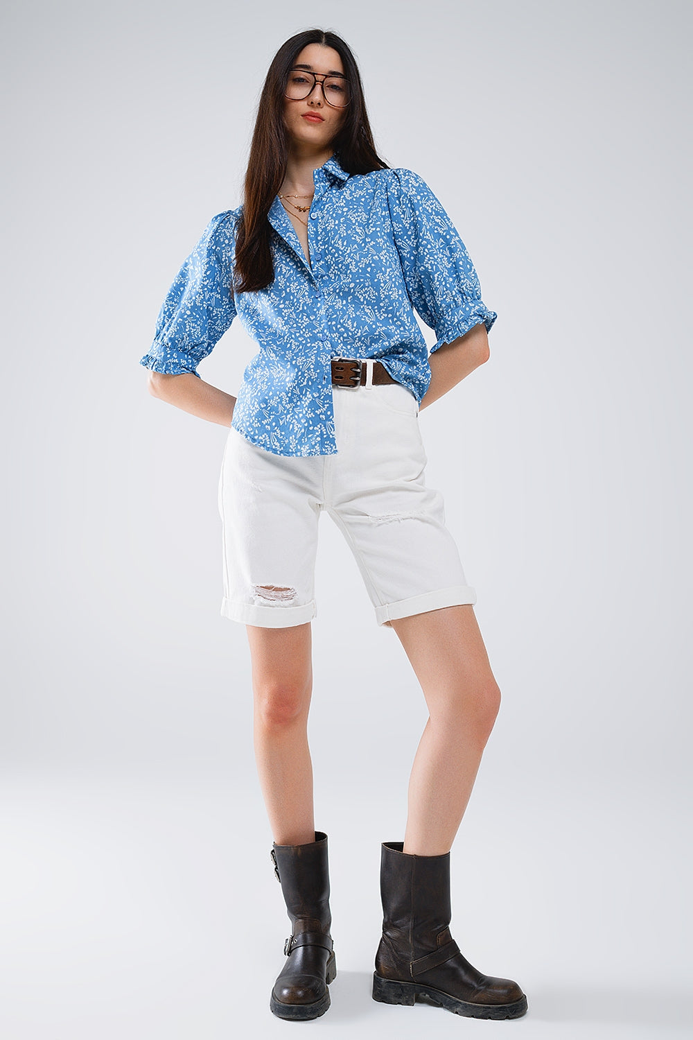 Floral Print Short Sleeve Blue Blouse for Women - Casual Summer Tops, Office Wear & Date Night Outfits