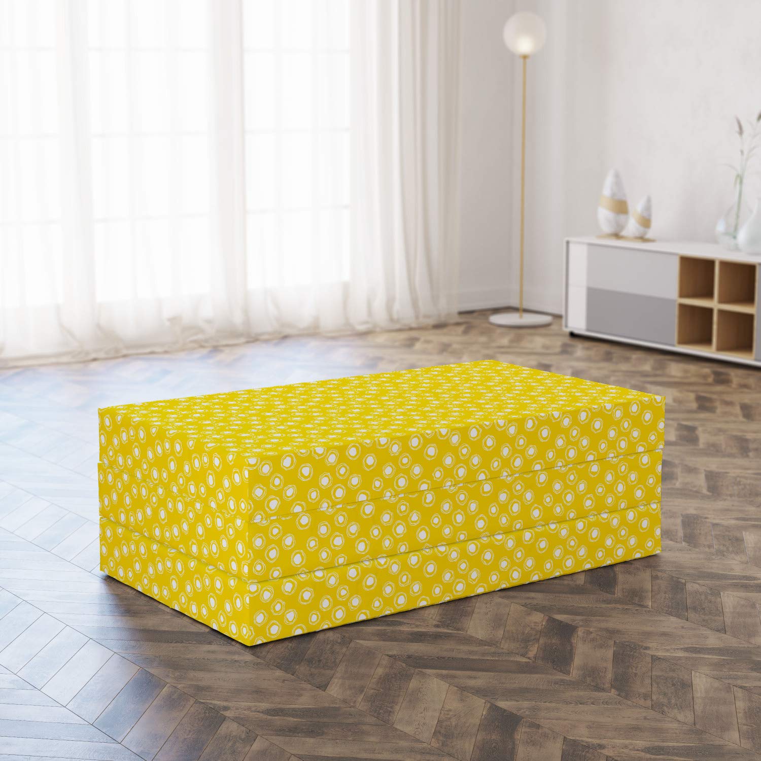 Ambesonne Yellow and White Foldable Mattress - Round Spots Design, 78.7