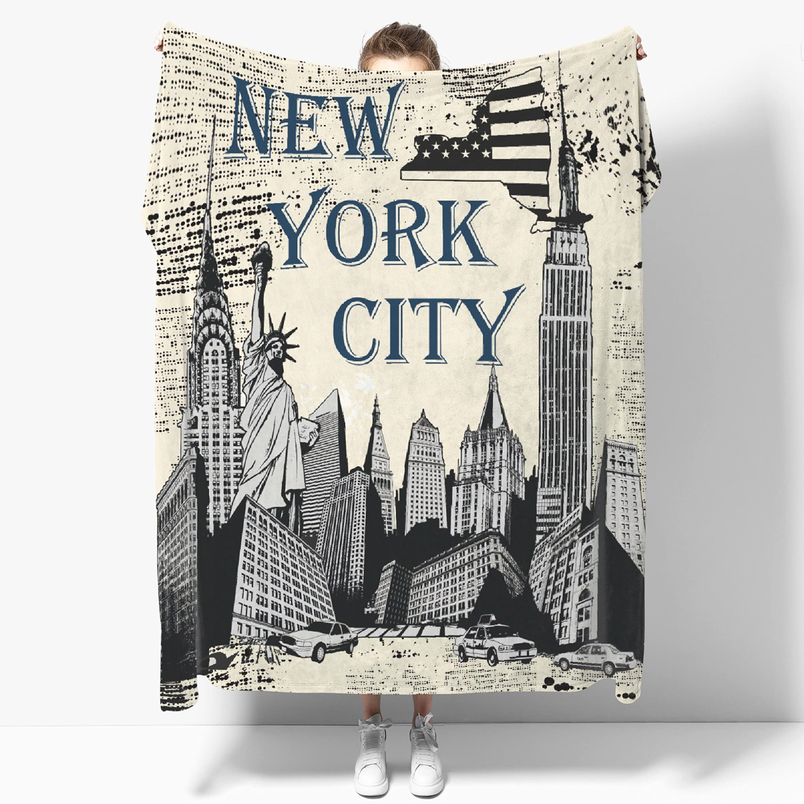 Retro New York City Themed Flannel Fleece Throw Blanket - Ultra Soft & Warm 120