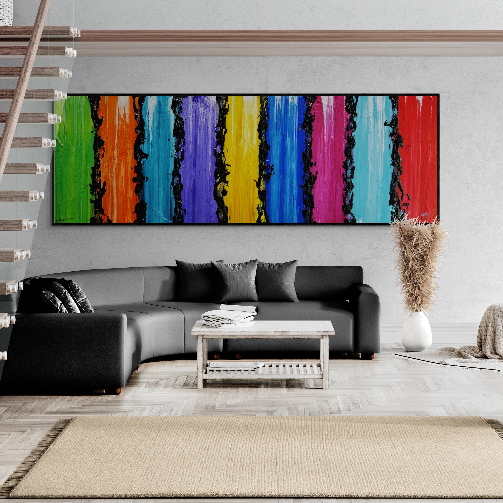 Colorful Textured Abstract Wall Art Painting - 295cm x 100cm Large Canvas Artwork for Living Room, Bedroom & Office Decor | Modern Home Interior Design