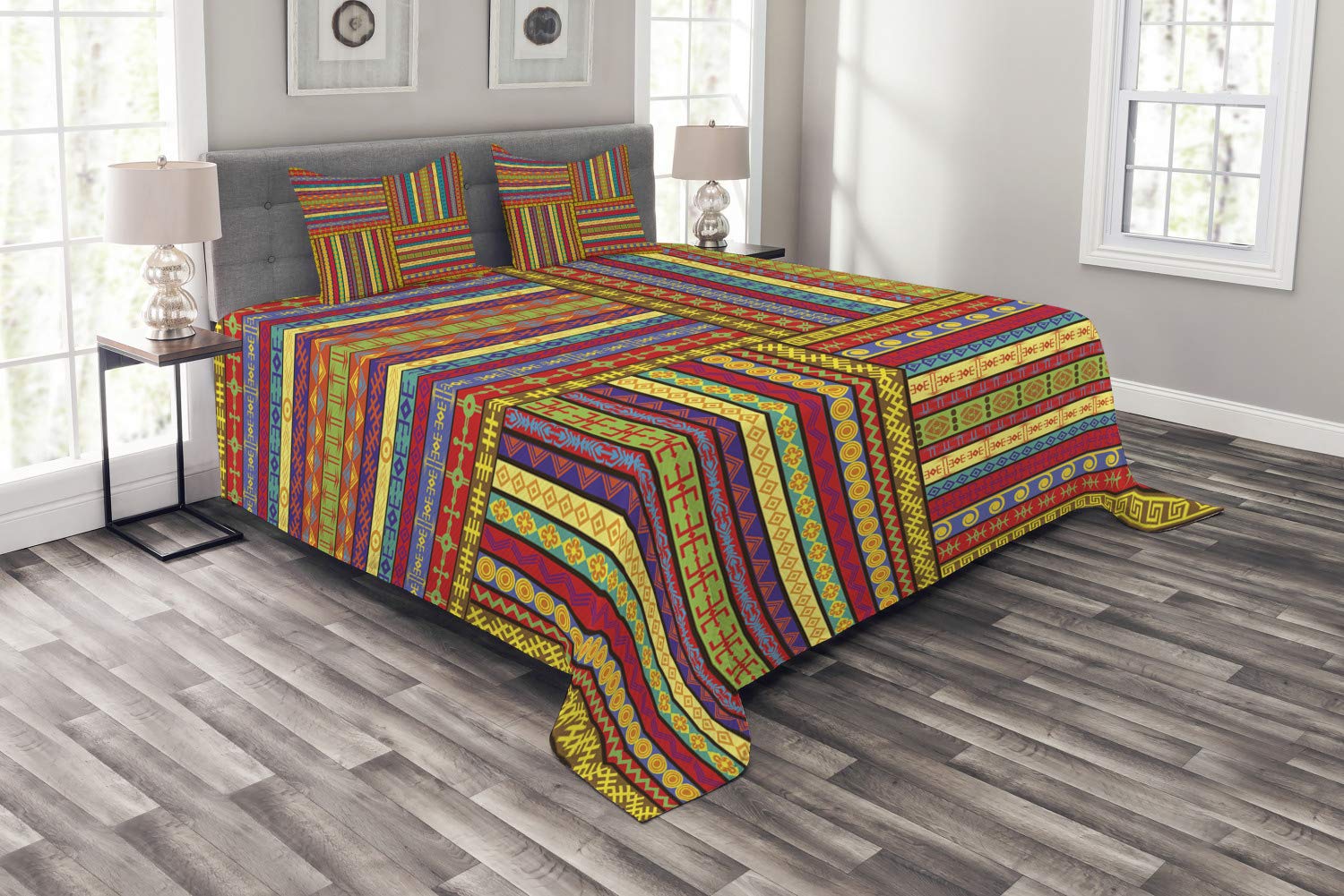 Ambesonne African Print Bedspread Set - 3 Piece King Size Bedding with 2 Pillow Shams, Colorful Tribal Borders Pattern, Vintage Cultural Theme | Perfect for Boho Bedroom Decor, Guest Room Styling & Ethnic Home Accents