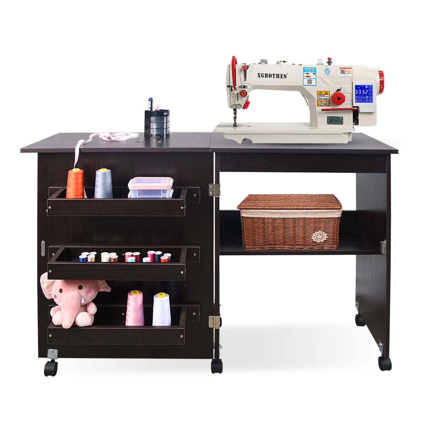 Usinso Folding Sewing Table with Storage Shelves - Portable Rolling Sewing Machine Cart, Multifunctional Craft Cabinet & Computer Desk with Lockable Casters (Dark Brown) - Perfect for Home Sewing Projects, Quilting, and DIY Craft Workspaces