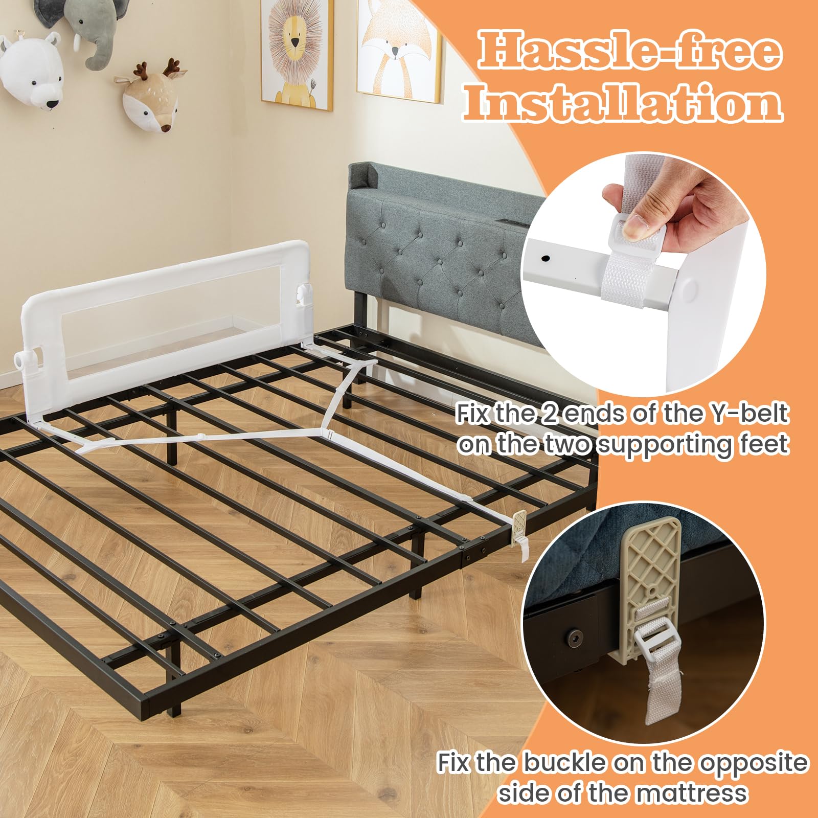 HONEY JOY Extra Long Foldable Portable Swing Down Safety Bed Rail for Toddlers - 47 Inch White Bed Guard Rail for Crib, Twin, Full, Queen & King Size Mattresses - Perfect for Travel, Home & Child Safety (1 Pack)