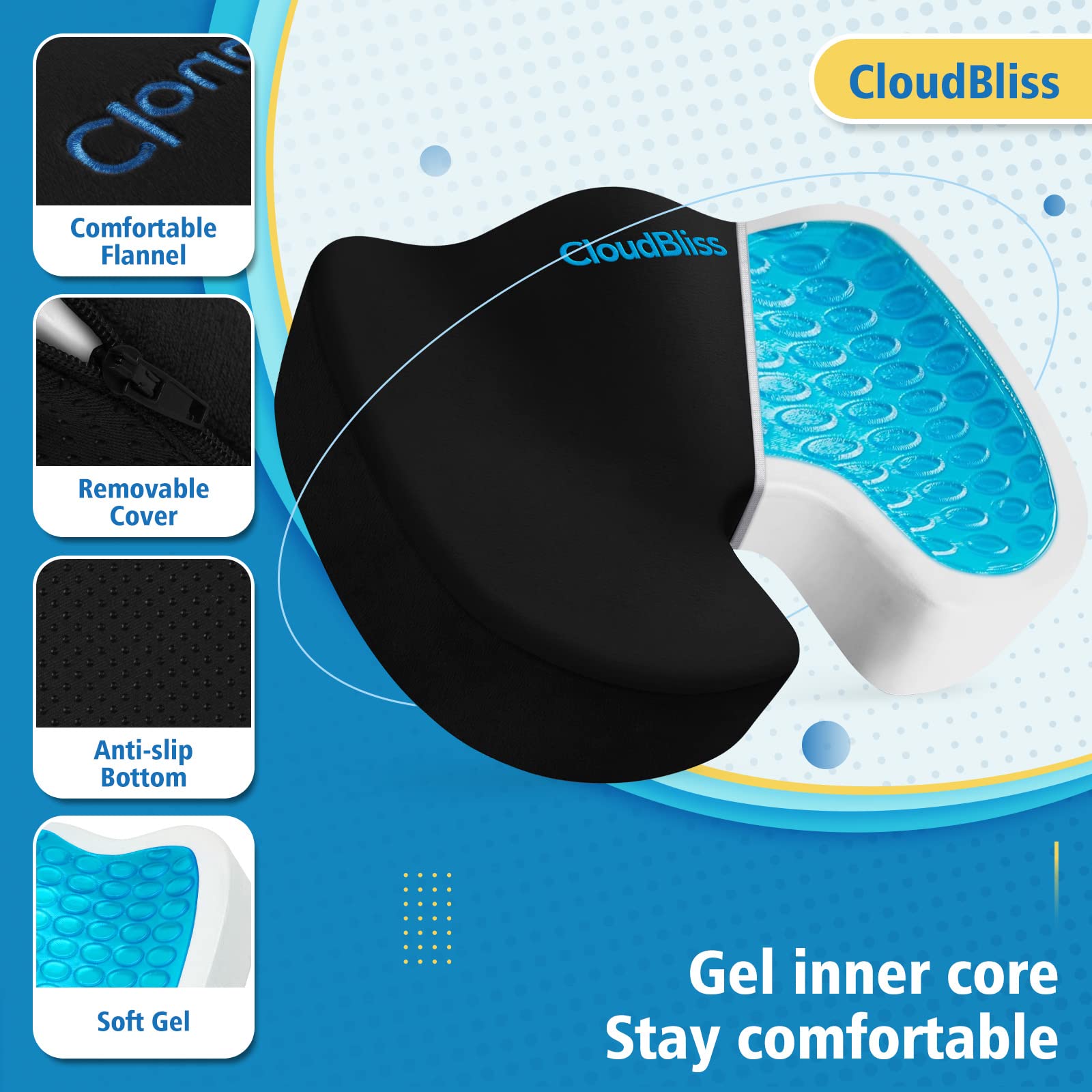CloudBliss Large Office Chair Seat Cushion with Cooling Gel Memory Foam - Orthopedic Support for Back Pain, Sciatica & Tailbone Relief - Ergonomic Design for Wheelchair, Office, Gaming & Car Use - Black - Perfect for Long Work Hours & Extended Sitting Comfort