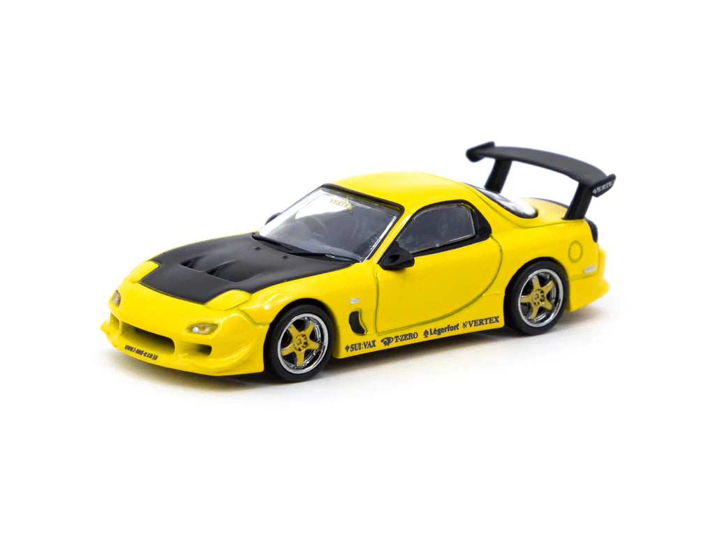 Tarmac Works 1:64 Scale Diecast Model Car - Mazda RX-7 FD3S Vertex Edition in Metallic Yellow | Collectible Toy Car for Display & Racing | Perfect for Car Enthusiasts & Model Collectors