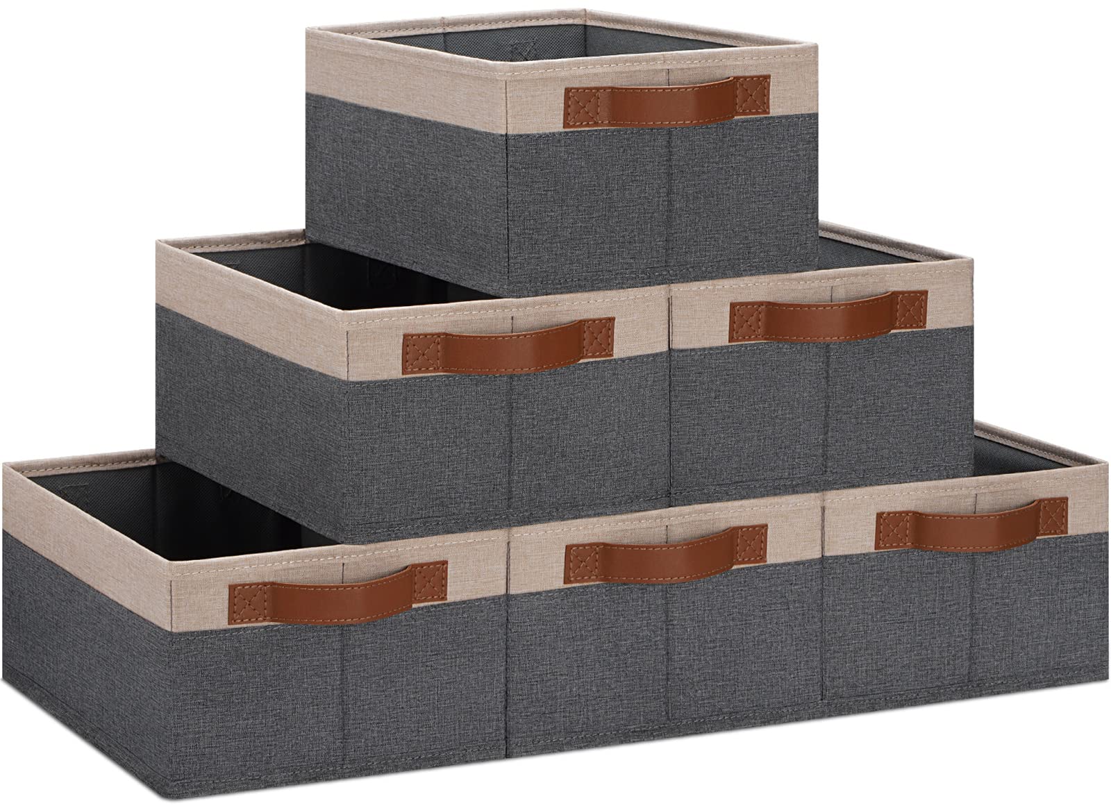 6-Pack Foldable Fabric Storage Baskets with Leather Handles - Grey/Beige Yellow (11.8