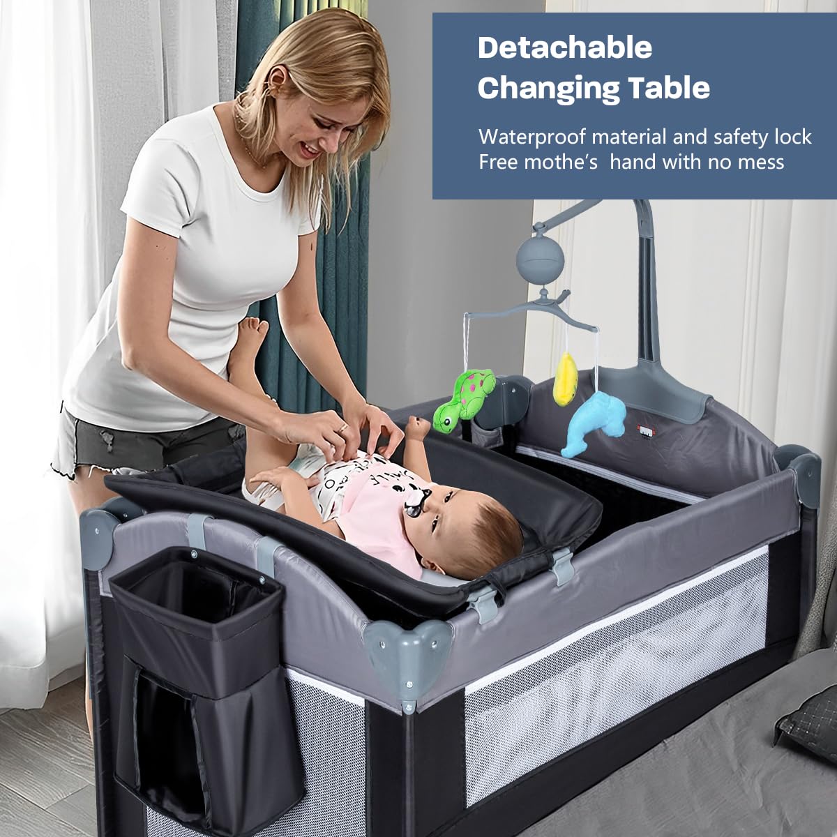 ANNA QUEEN 5-in-1 Baby Bassinet & Playard with Mattress, Toys & Music Box - Portable Foldable Crib for Travel, Nursery, Bedside Sleeping - Ideal for Newborns, Infants, Boys & Girls - Perfect for Home, Daycare & Family Trips