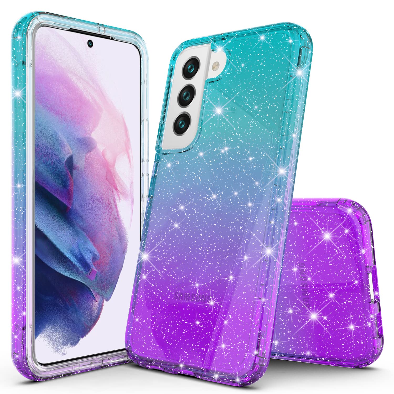 Rosebono Samsung Galaxy S22 Case - Glitter Gradient Hybrid Clear Protective Cover (Teal/Purple) | Shockproof & Scratch Resistant | Perfect for Everyday Use, Work & Travel
