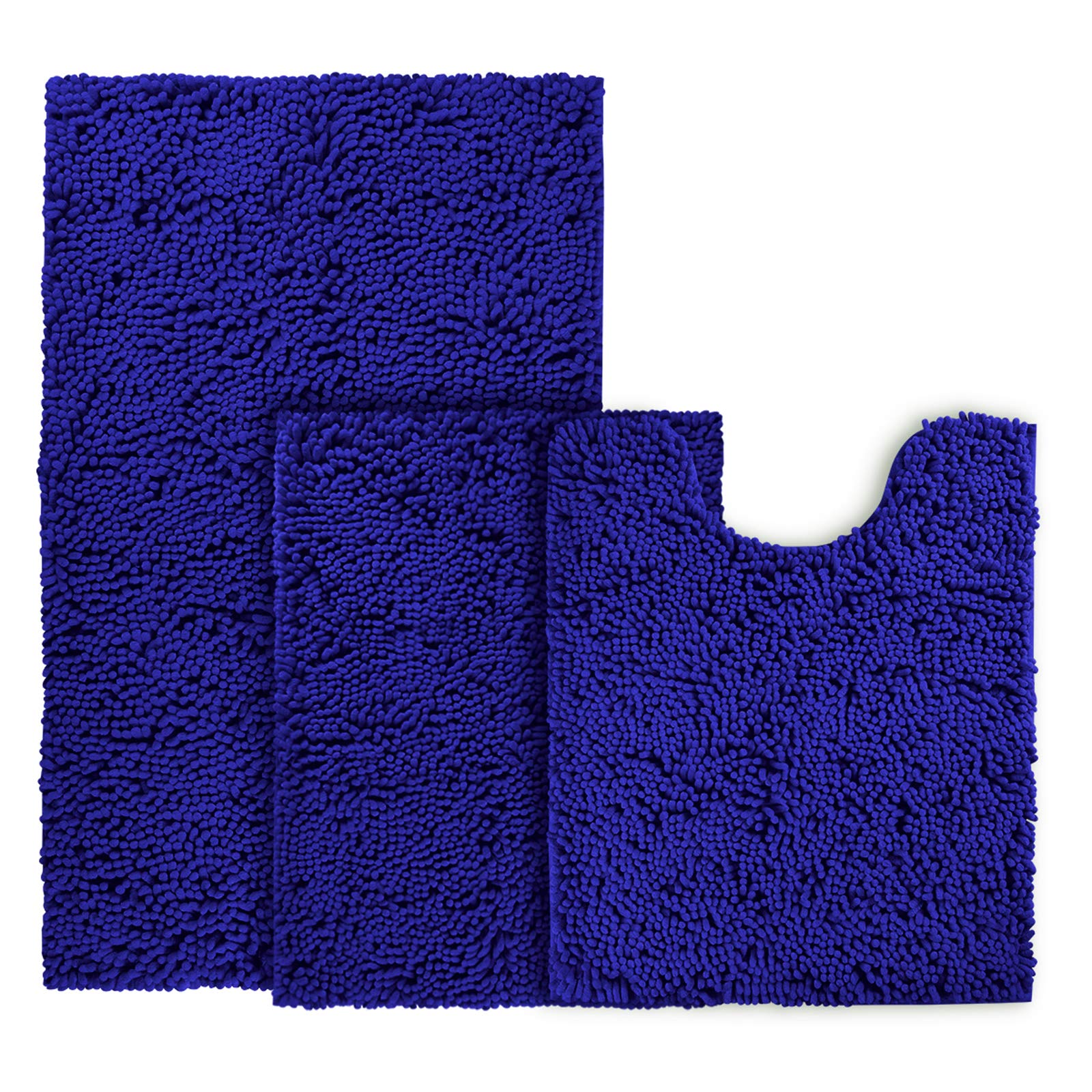 BYSURE Royal Blue Bathroom Rugs Sets 3 Piece - Non Slip, Super Absorbent Shaggy Chenille Bath Mats - Soft & Quick Dry Bathroom Rugs for Bath, Shower, Vanity Area - Machine Washable Carpet Set