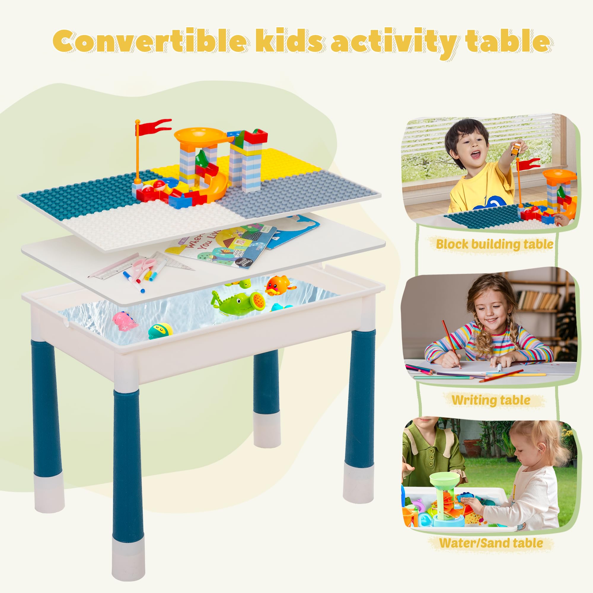 Sandinrayli 7-in-1 Kids Activity Table Set with 2 Chairs & 100Pcs Large Building Blocks - Compatible with Classic Blocks, Water & Sand Play Table, Toddler Learning & Play Center (Macaron) - Perfect for Preschool Classroom, Daycare Centers & Home Playroom Educational Toys