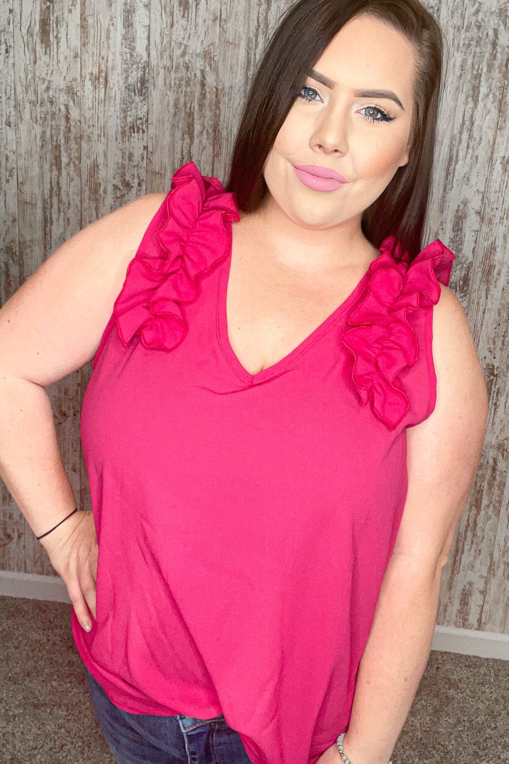 Fuchsia Frill Shoulder Sleeveless Crepe Woven Blouse for Women - Elegant Summer Tops for Casual Outings, Date Nights & Office Wear