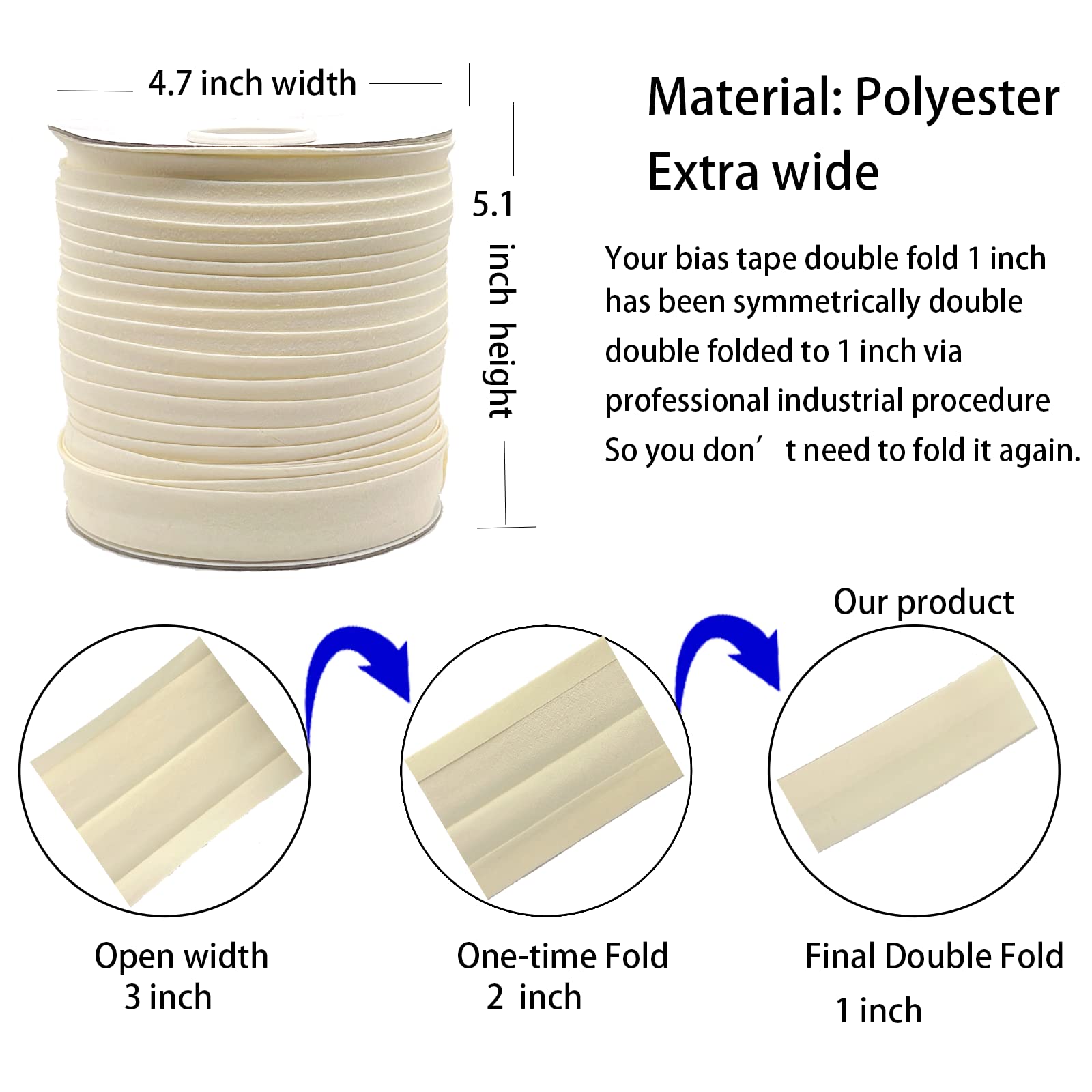 1 Inch Double Fold Bias Tape - 55 Yards Continuous Polyester Sewing Bias Binding for Quilting, Hemming & Apparel Crafts (Non-Stretch, Cream, 25mm) | Perfect for DIY Dressmaking, Scrapbooking & Home Decor Projects