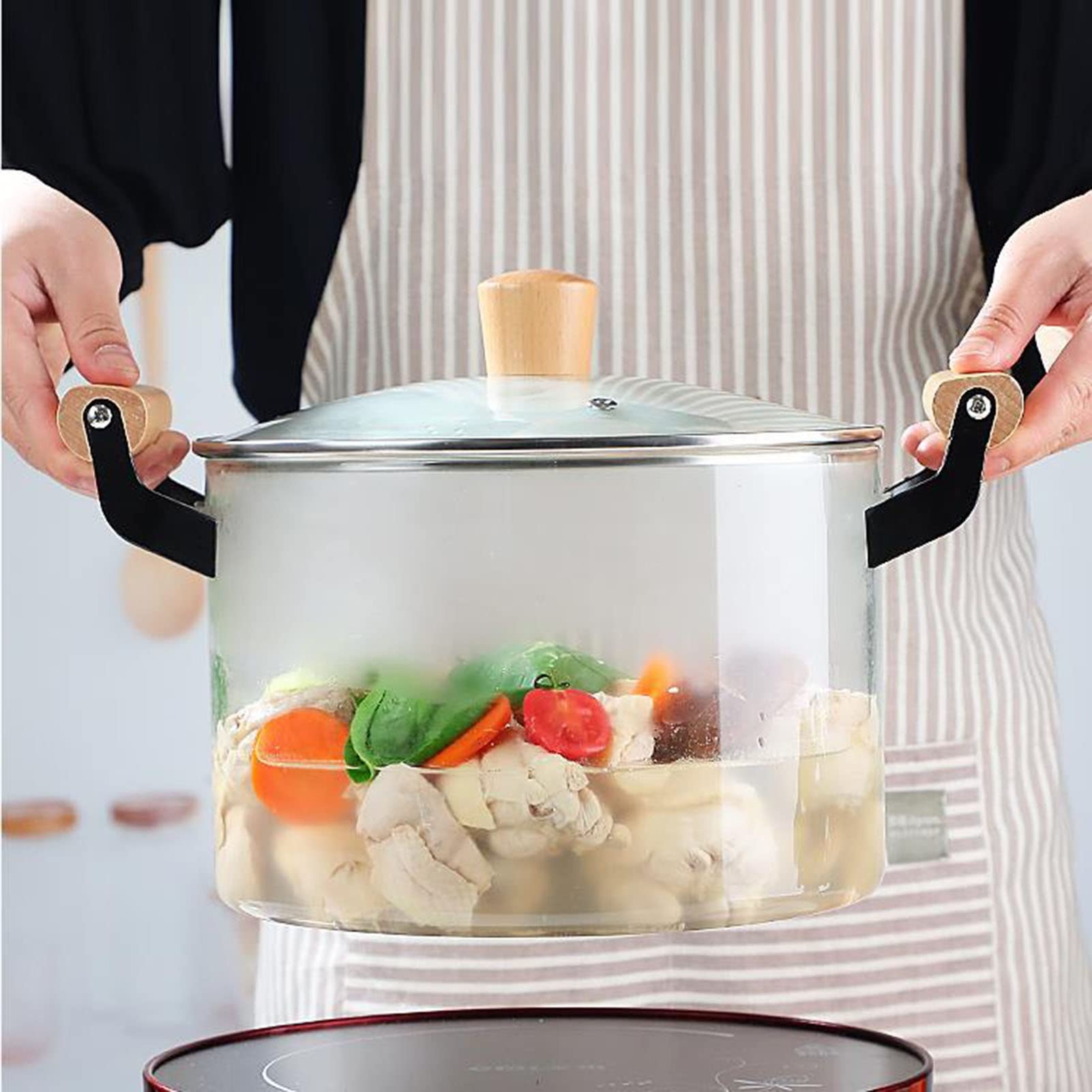 **Heat-Resistant Clear Glass Saucepan with Lid & Wood Handles – 3.5L Nonstick Stewpot for Cooking, Steaming & Milk Heating – Perfect for Home, Kitchen & Restaurant Use**