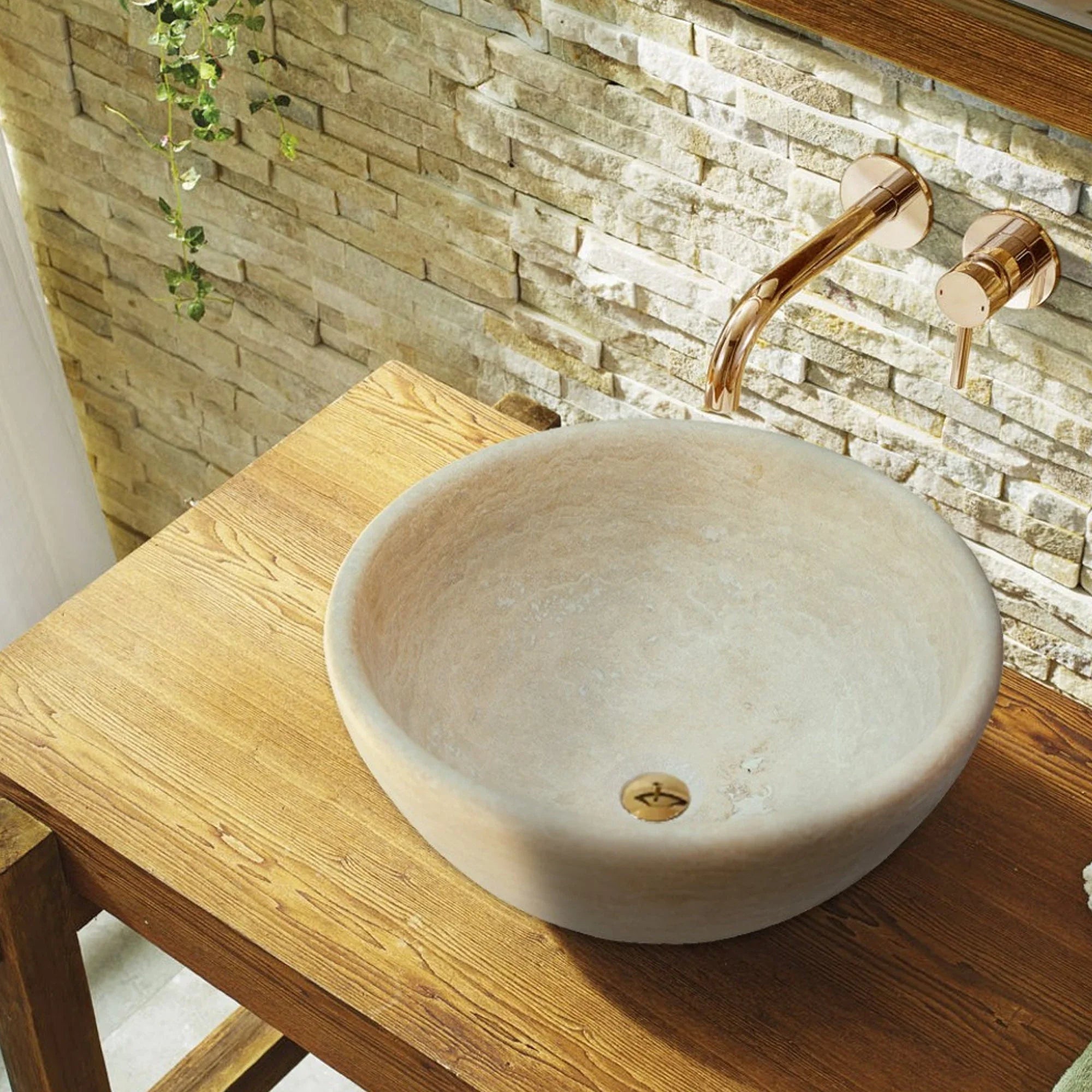 Beige Travertine Natural Stone Vessel Sink for Bathroom Vanity | Honed & Filled Surface | NTRSTC09 | Perfect for Modern Farmhouse & Spa Bathroom Decor