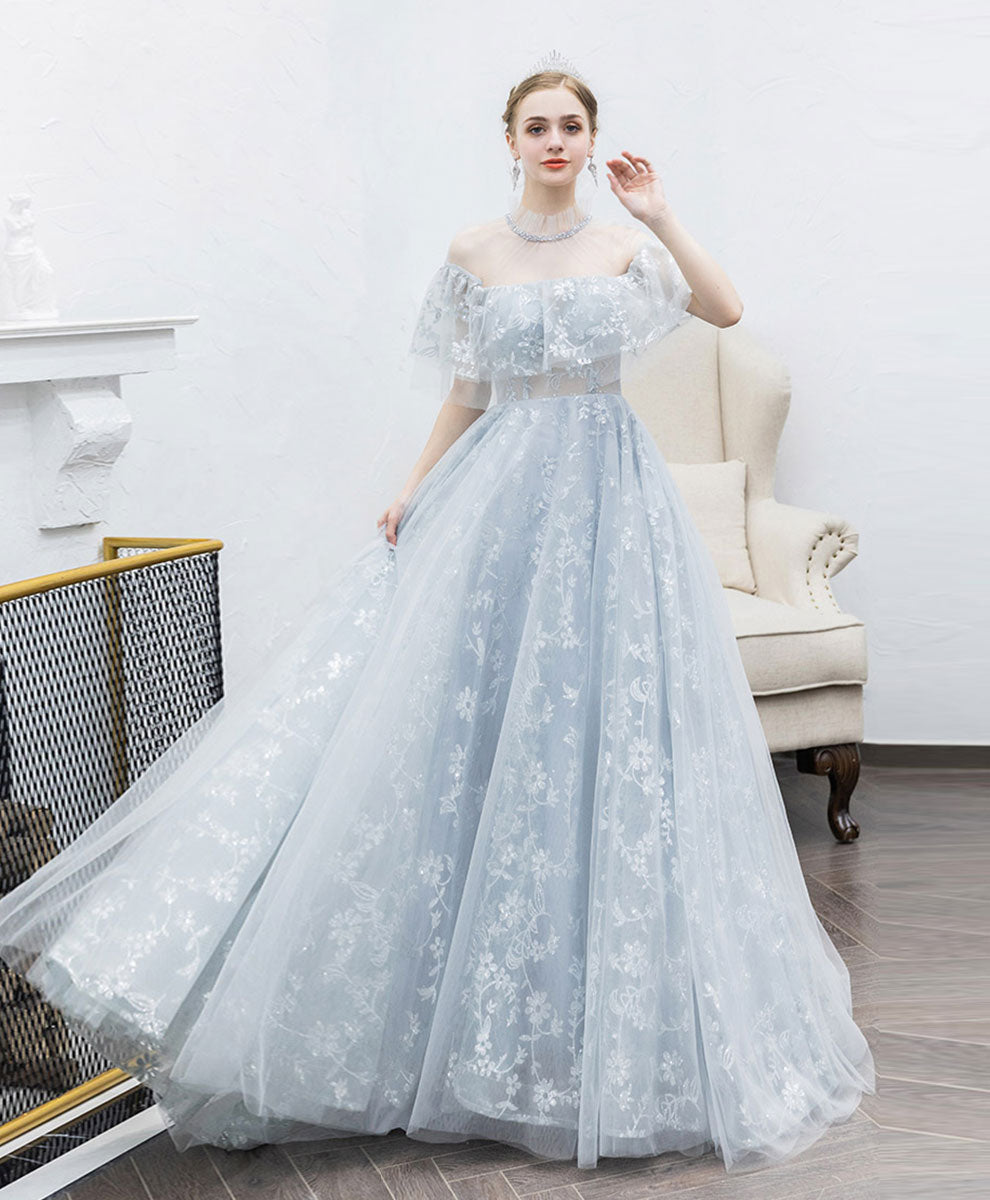 Elegant Gray Tulle Lace Long Prom Dress for Women - Formal Evening Gown for Homecoming, Wedding, Ball - Perfect for Special Occasions & Parties