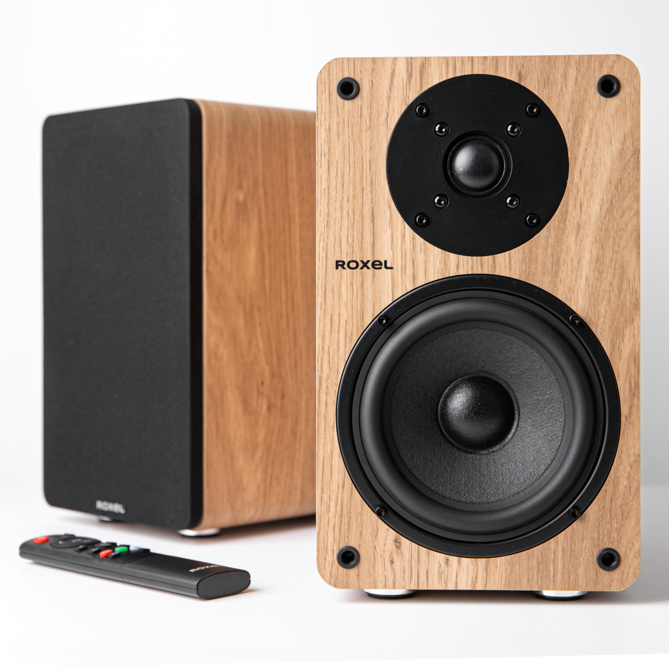 Roxel Onyx Active Bookshelf Speakers - 100W RMS Power, Bluetooth 5.0 Wireless Streaming, HDMI ARC, 3m Speaker Cable - Premium Sound for Home Theater, Music & Office Use (Oak Finish) - Perfect for Movie Nights, Gaming & Audiophile Listening