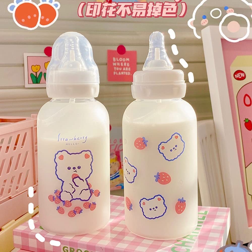 Strawberry Bear Glass Water Bottle with Sippy Lid - 11oz Kawaii Cute Frosted Borosilicate Drinking Bottle for Adults, School, Office & Sports | Portable Water Jug for Workouts, Hiking & Daily Hydration