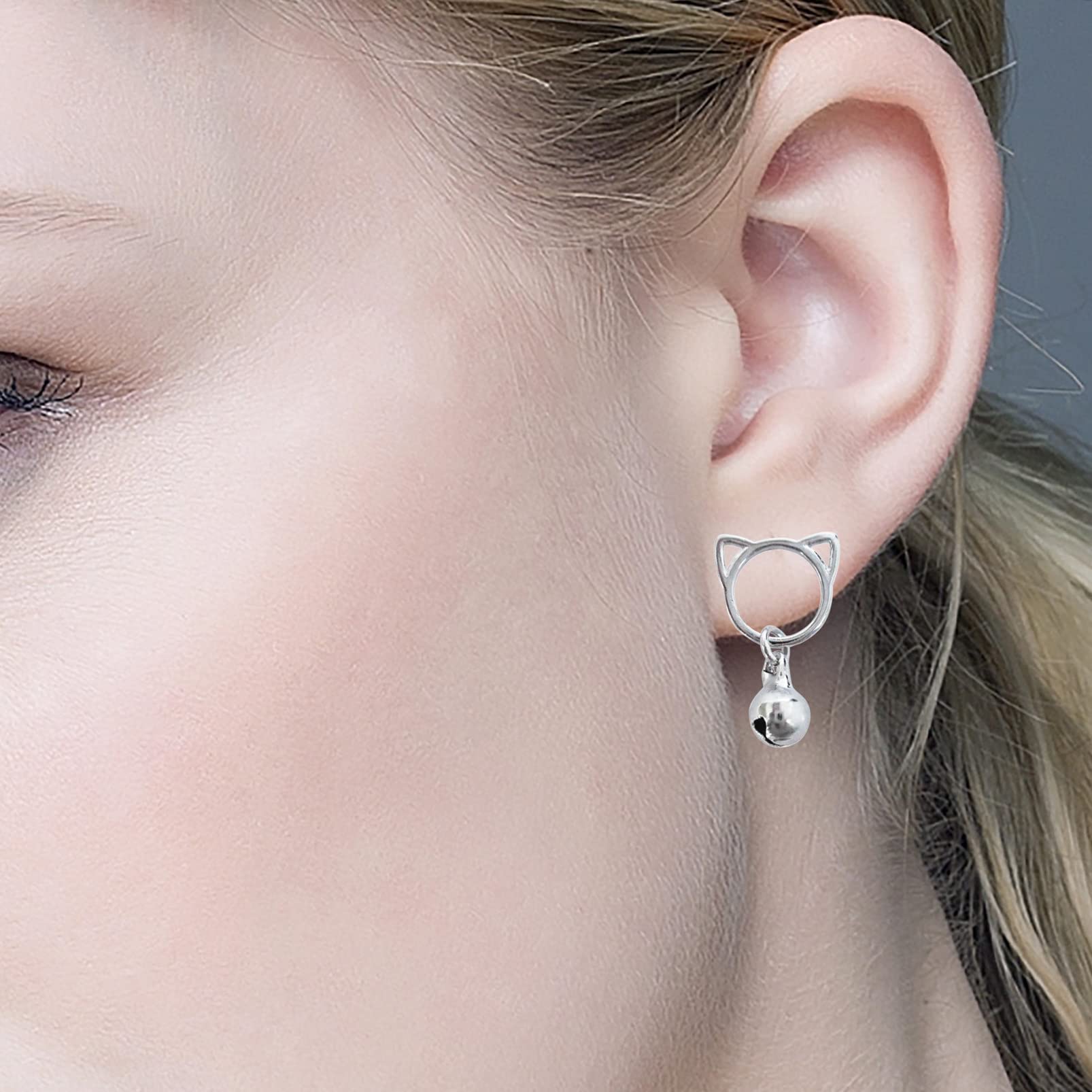 925 Sterling Silver White Gold Plated Cat Head Bell Stud Earrings - Fashion Jewelry for Women, Girls - Perfect for Parties, Dating & Daily Wear