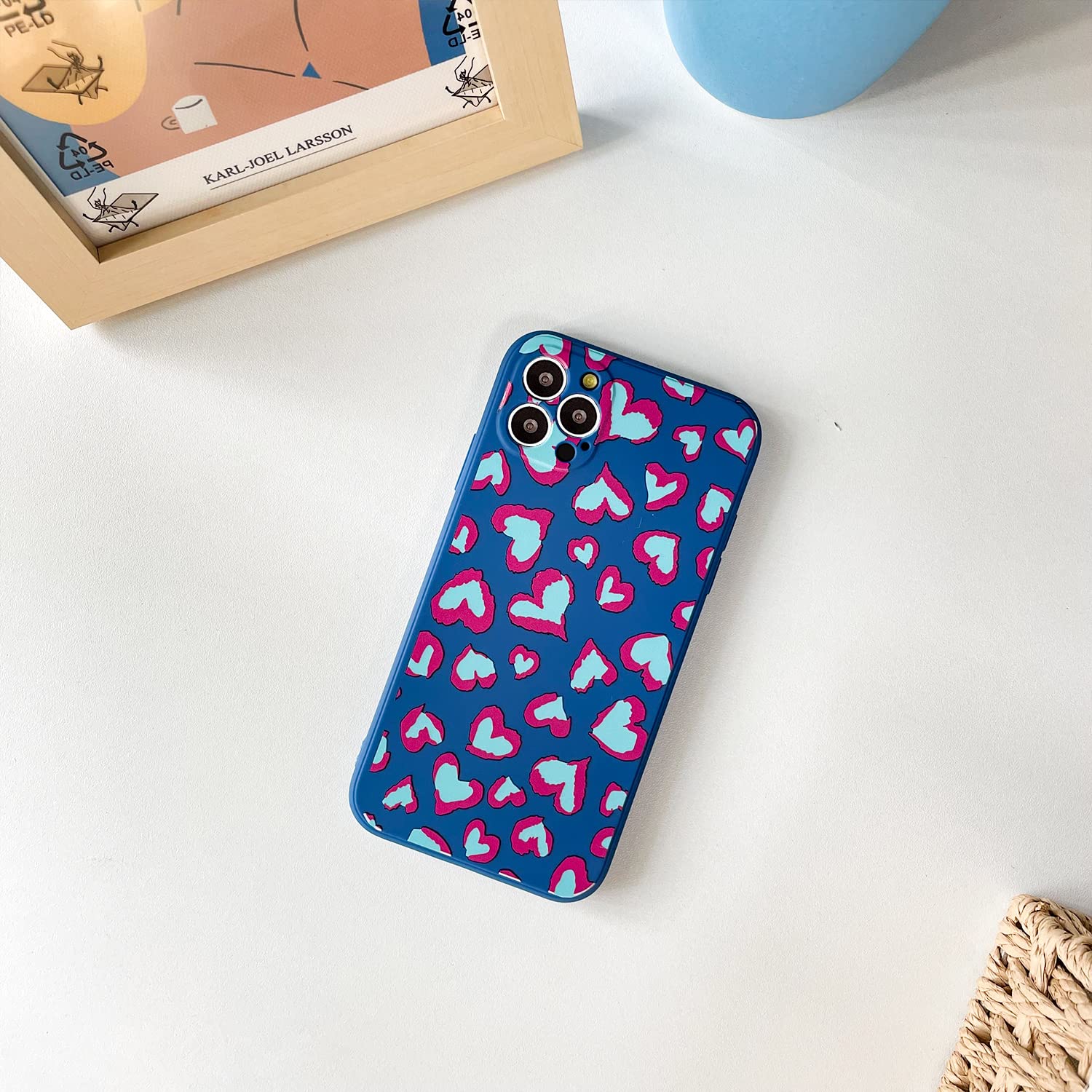 Ownest iPhone 12 Pro Max Case - Soft TPU Silicone Protective Cover with Cute Heart Leopard Pattern, Slim Fit for Women & Girls (Navy Blue/Rose) | Perfect for Daily Use, Work, School & Travel Protection