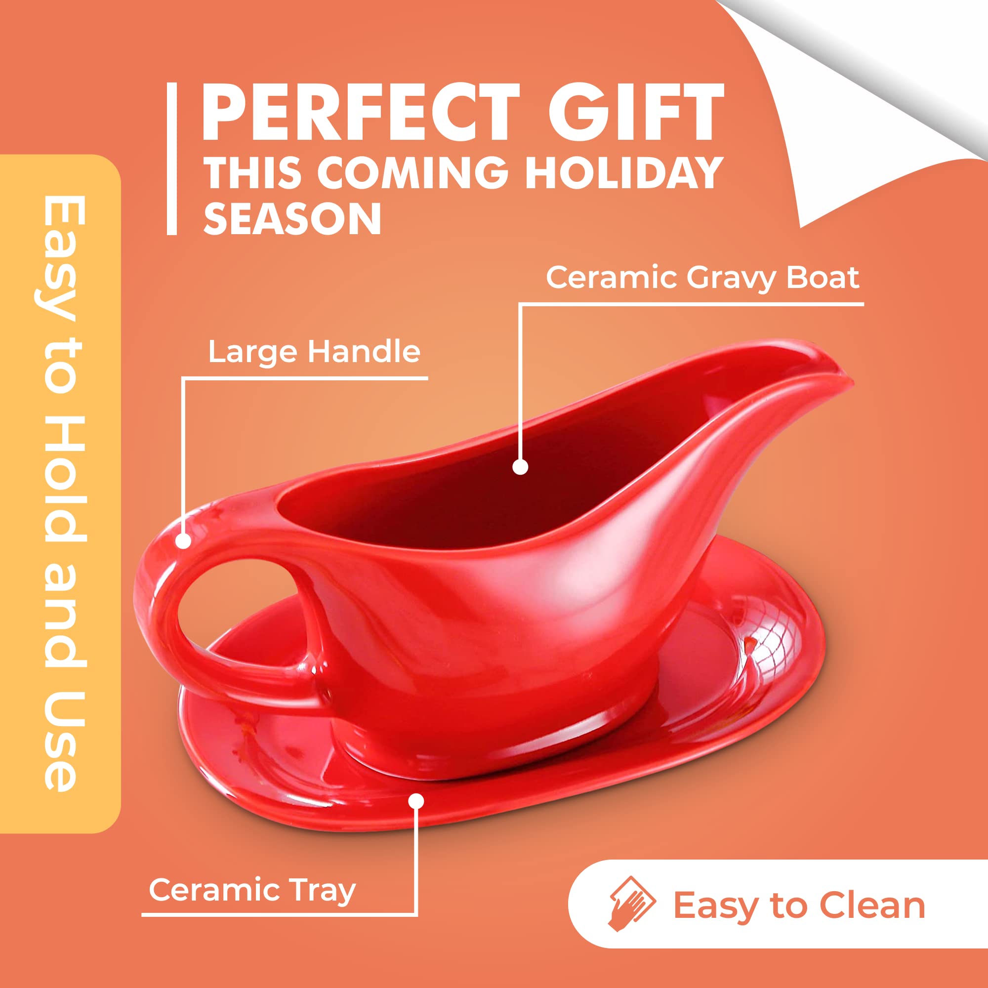 Bruntmor 11 Oz Red Ceramic Gravy Boat with Tray - Elegant Sauce Dispenser & Serving Dish for Thanksgiving, Dinner Parties & Holiday Meals - Perfect for Gravy, Syrup & Condiments