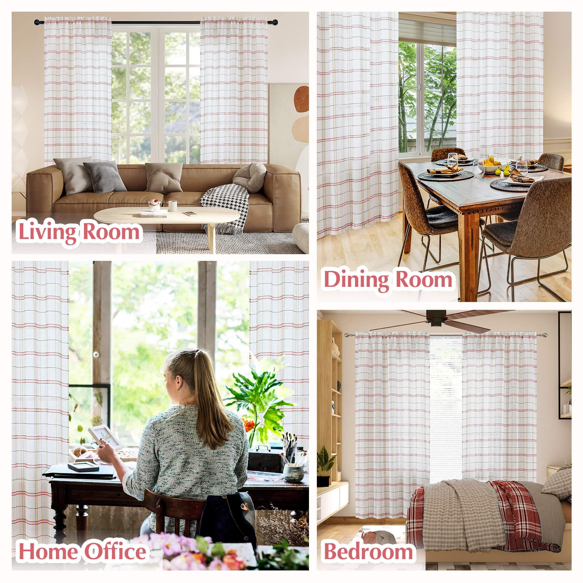 WUBODTI Semi-Sheer Buffalo Plaid Curtains - 2 Panels Faux Linen Geometric Window Drapes in Red Stripes (84 Inch Length, Tan/Brown) | Farmhouse, Living Room & Dining Room Window Treatments for Cozy Home Decor