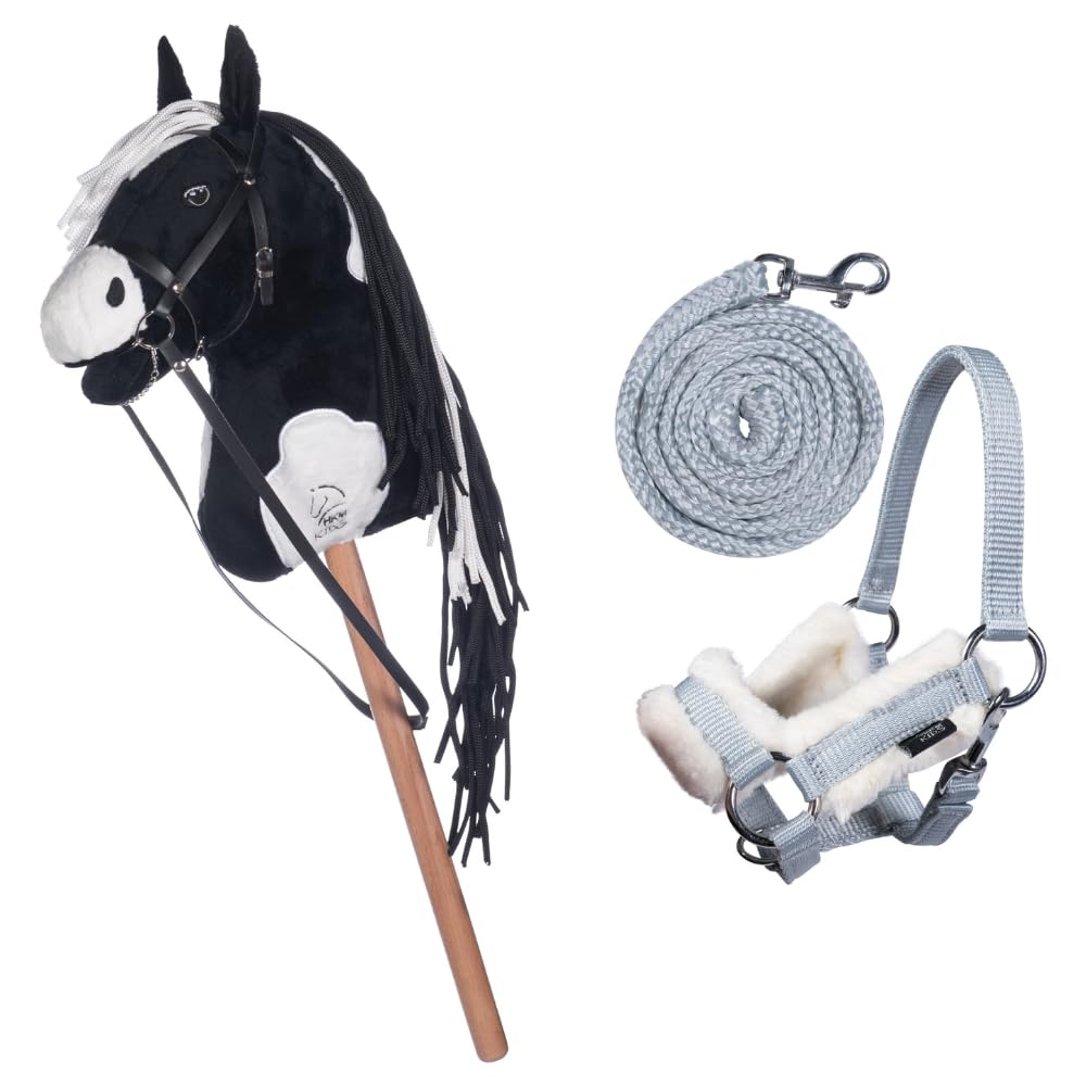 HKM Kids Hobby Horse - Black & White Battle Horse Toy with Grey Headcollar & Lead Rope - Perfect for Imaginative Play, Birthday Gifts, and Outdoor Activities