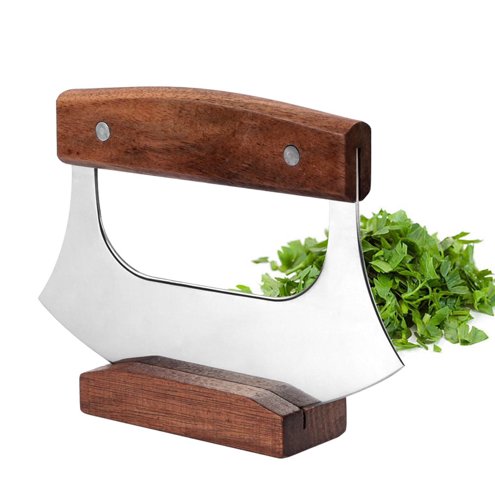**KAYCROWN Mezzaluna Ulu Knife – Stainless Steel Rocker Pizza Cutter & Salad Chopper with Wooden Stand – Alaskan Ulu Knife for Kitchen, Veggie Mincing & Food Prep – Perfect for Pizza, Salads & Herbs**