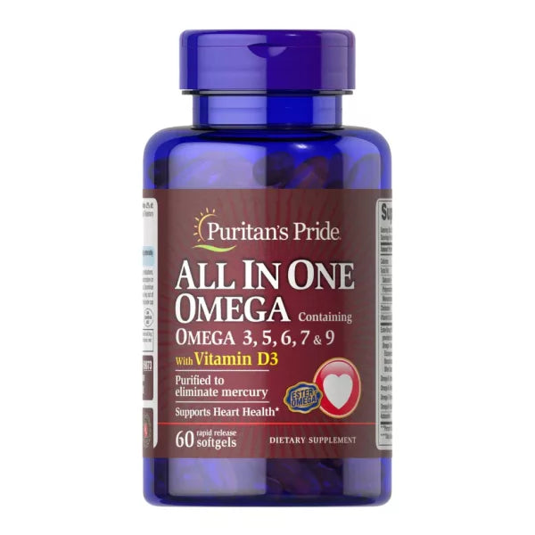 Puritan's Pride All-In-One Omega 3-6-9 Softgels - 60 Count | Essential Fatty Acids Supplement for Heart, Brain & Joint Health | Daily Wellness Support for Adults