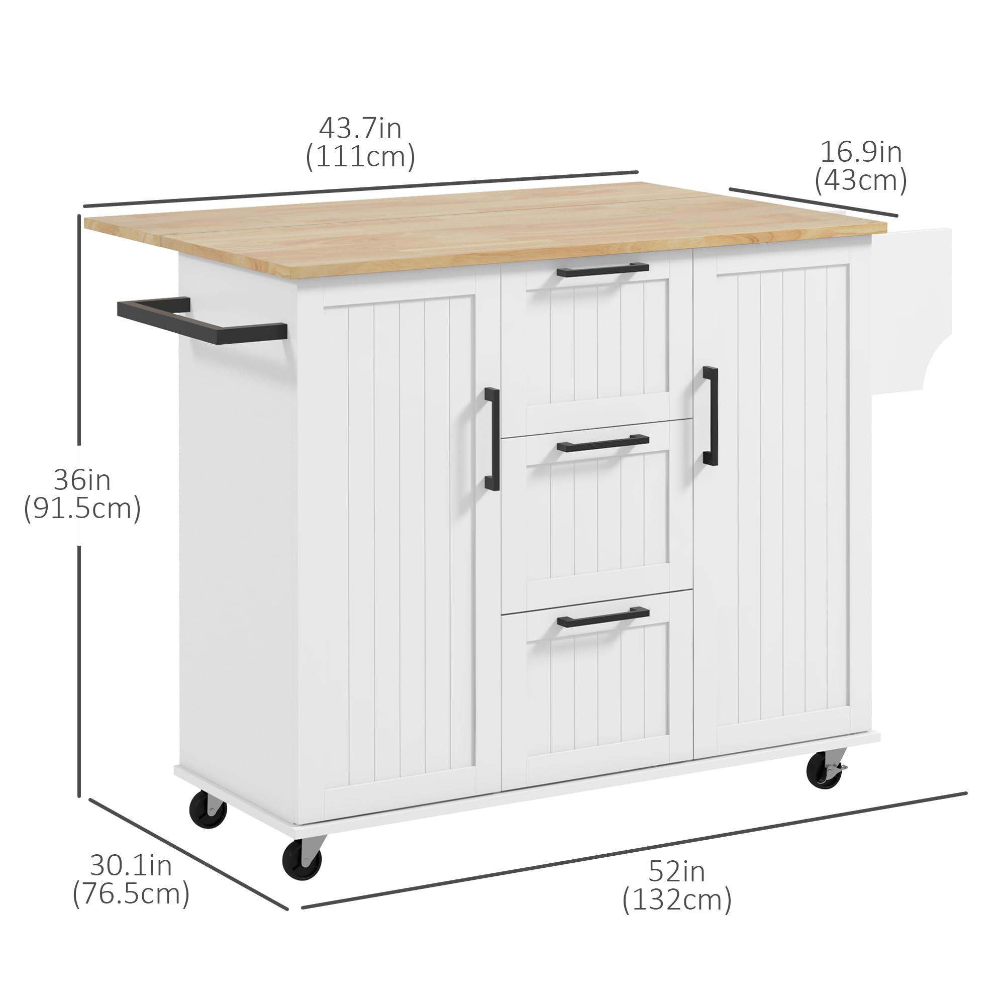 HOMCOM White Kitchen Island with Drop Leaf - Rolling Kitchen Cart on Wheels with 3 Drawers, 2 Cabinets & Natural Wood Top - Includes Spice Rack & Towel Rack - Perfect for Small Kitchens, Dining Areas & Food Prep Stations