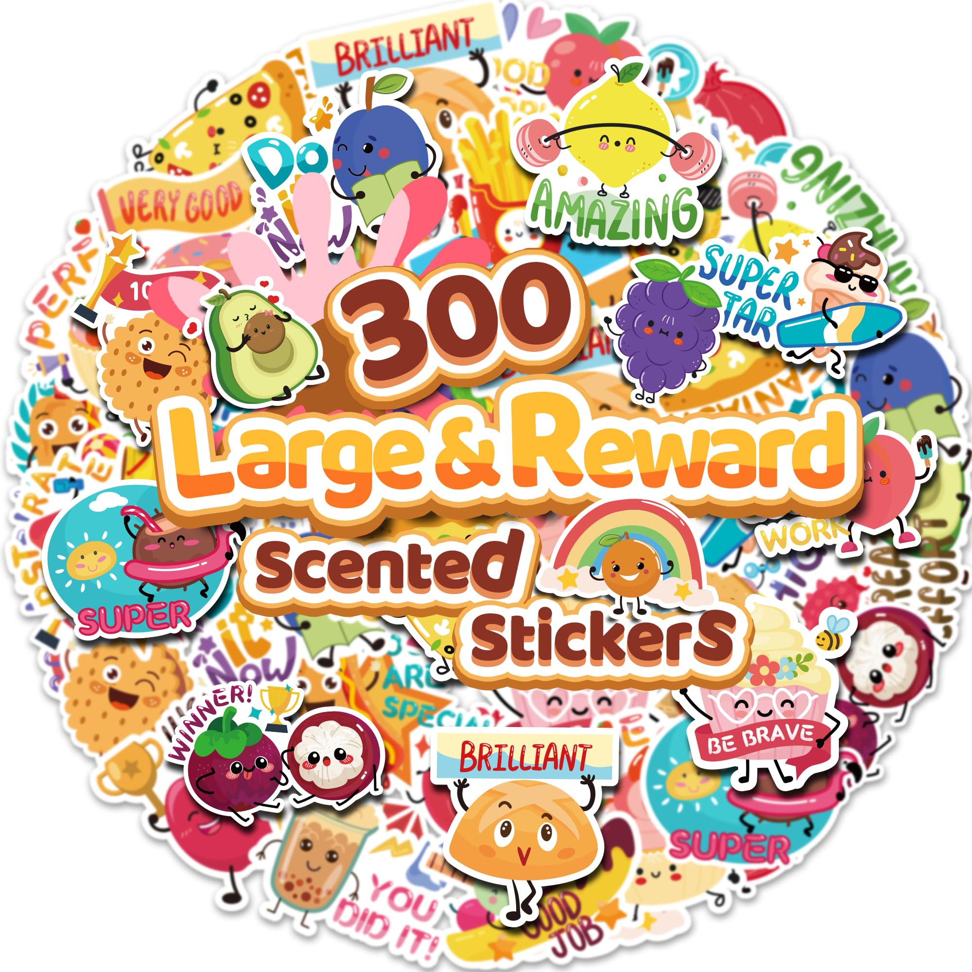 300PCS Large Scratch and Sniff Stickers for Kids - Scented Motivational Reward Stickers, Fun Classroom Supplies for Students - Perfect for Summer Activities, School Incentives & Teacher Must Haves