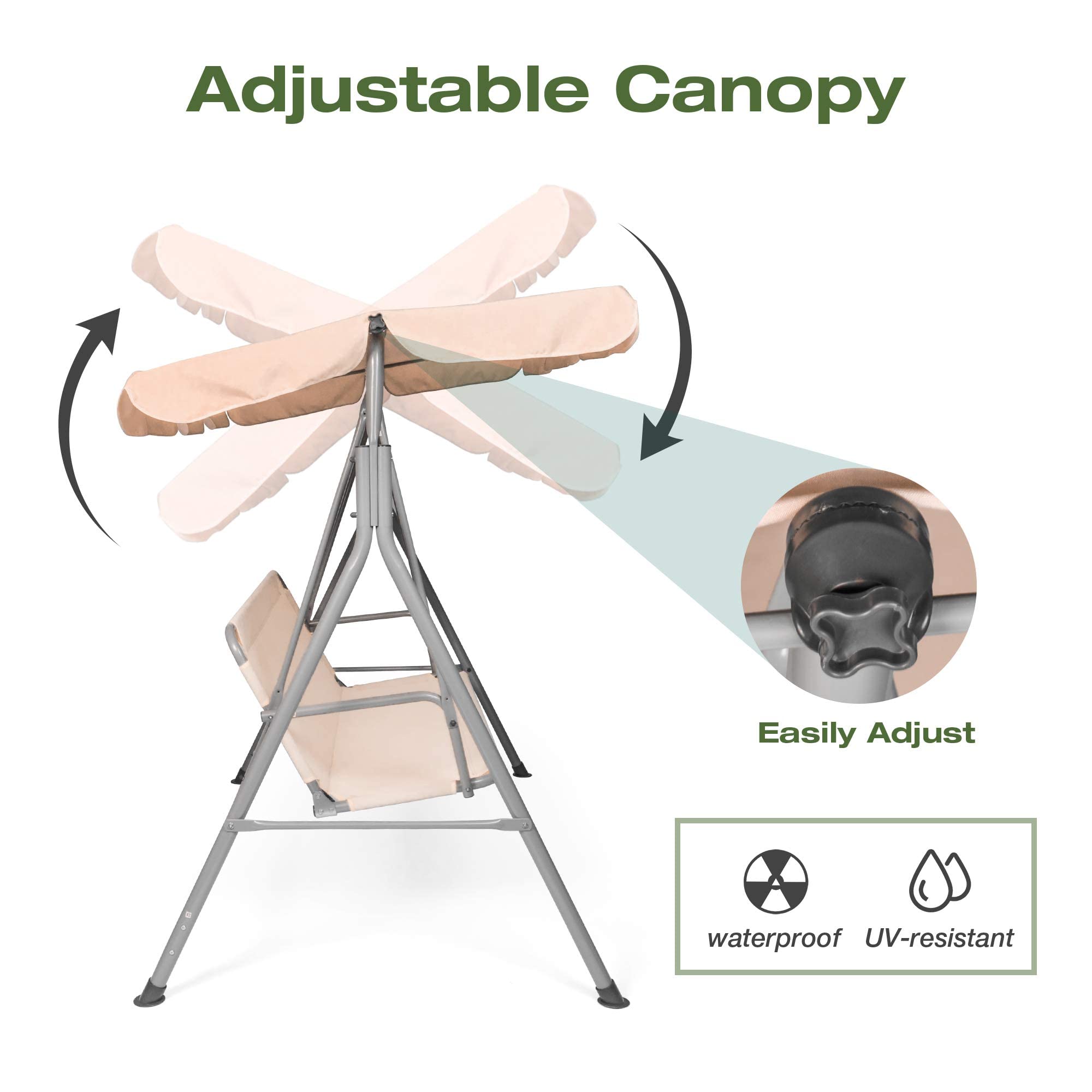 3-Person Outdoor Swing Chair with Adjustable Canopy - Heavy Duty Hammock Seats for Patio, Porch, Garden - Beige - Perfect for Relaxing, Lounging & Backyard Gatherings