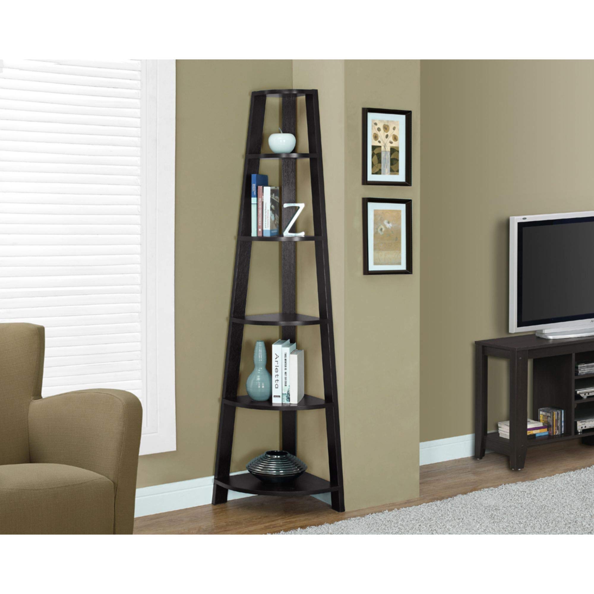 Offex 72 Inch Modern Corner Display Shelf Bookcase in Cappuccino Finish - Stylish Home Office Furniture for Living Room, Bedroom & Office Storage