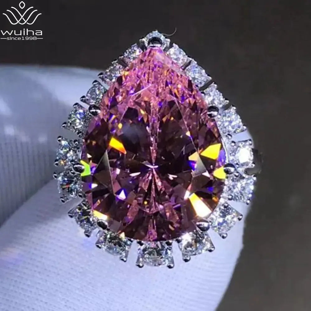 WUIHA Classic 925 Sterling Silver Pear Cut 10 CT 3EX VVS Pink Created Moissanite Wedding Engagement Customized Ring - Fine Jewelry for Women, Bridal Proposal, Anniversary Gift & Special Occasions